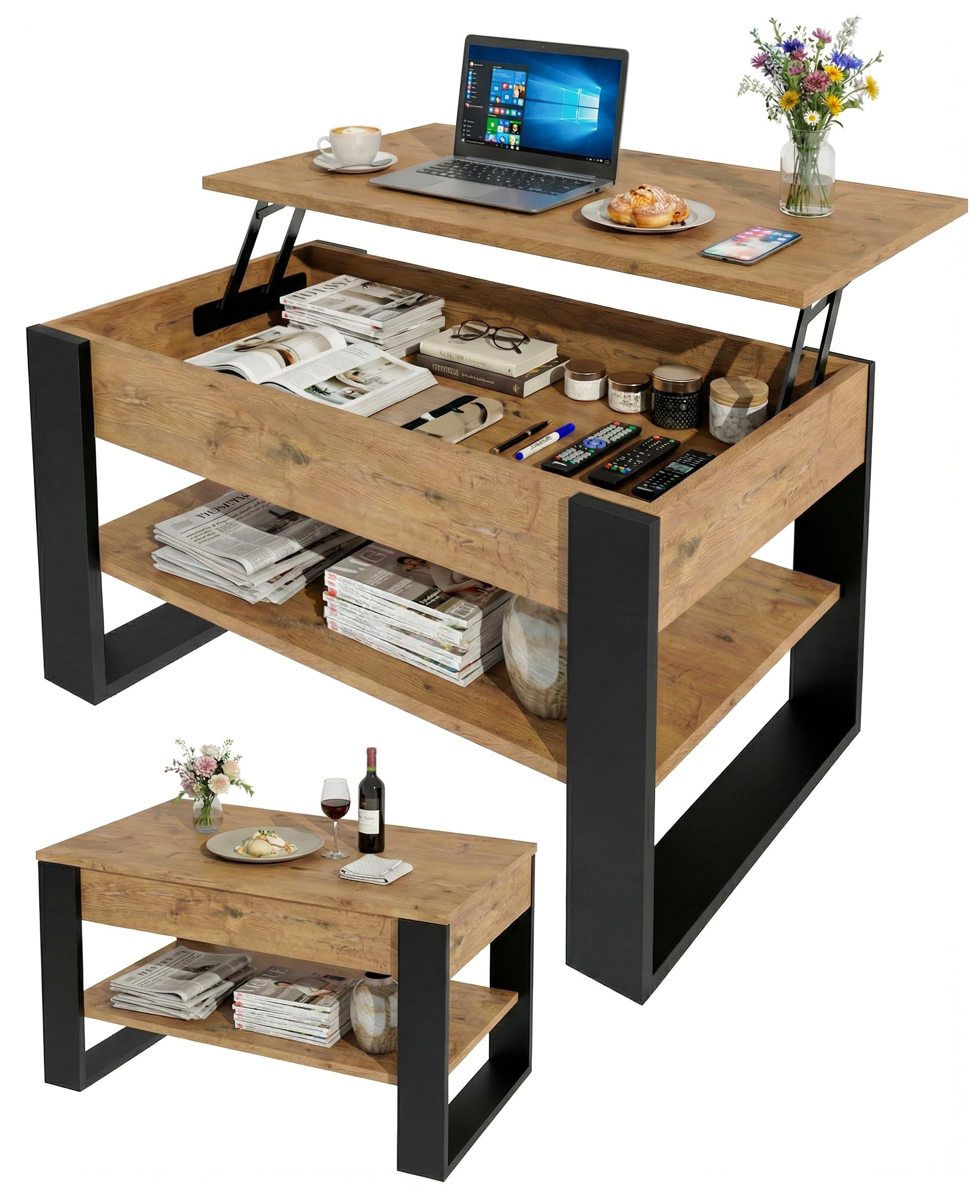 Mesa de Centro elevable | Mesa de salón Regulable con Almacenamiento | Roble Lancelot Negro con Estante y Compartimento Oculto