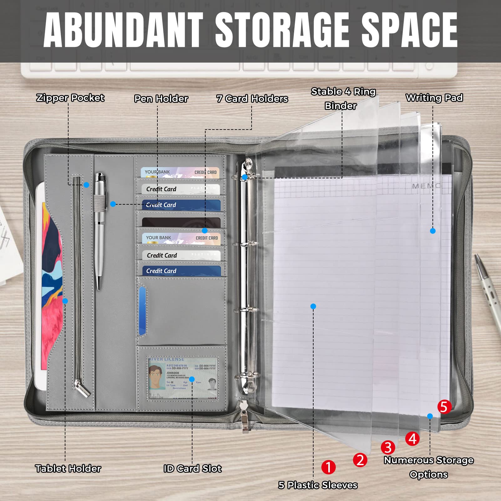 Porte-documents organiseur d'affaires et carnet de notes à anneaux amovibles, classeurs à fermeture éclair pour homme et femme (gris)