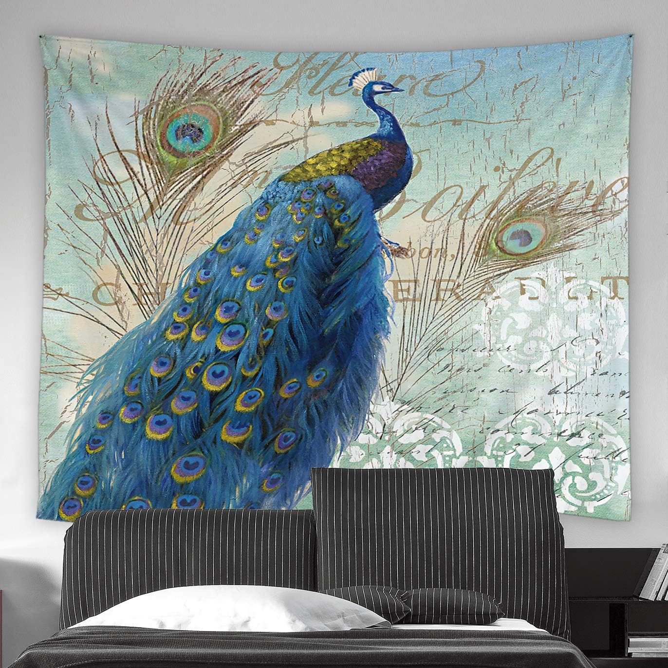 AMFD Peacock Tapestry Beautiful Blue Peacock Yellow Brown Teal Peacock Feather Retro Letter Background Classical Home Decor Wall Hanging Art for AMFD Peacock Tapestry Beautiful Blue Peacock Yellow Brown Teal Peacock Feather Retro Letter Background Classical Home Decor Wall Hanging Art for