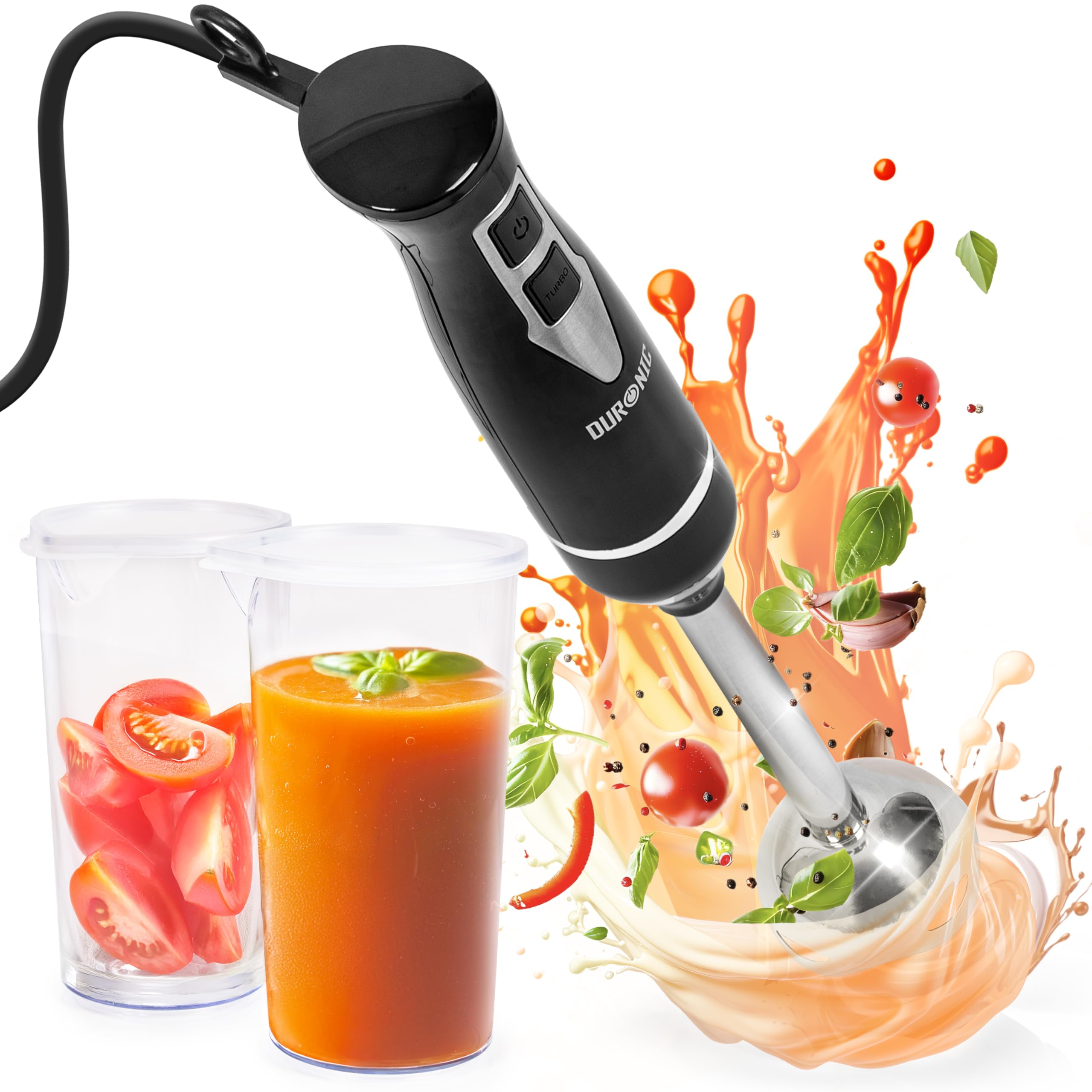 Duronic Electric Hand Blender HB35C, 350W Power, Dual Stainless Steel Blades, 40cm Handheld Immersion Stick, Lightweight Design, 600ml capacity Cups/Beakers, for Baby Food, Smoothies