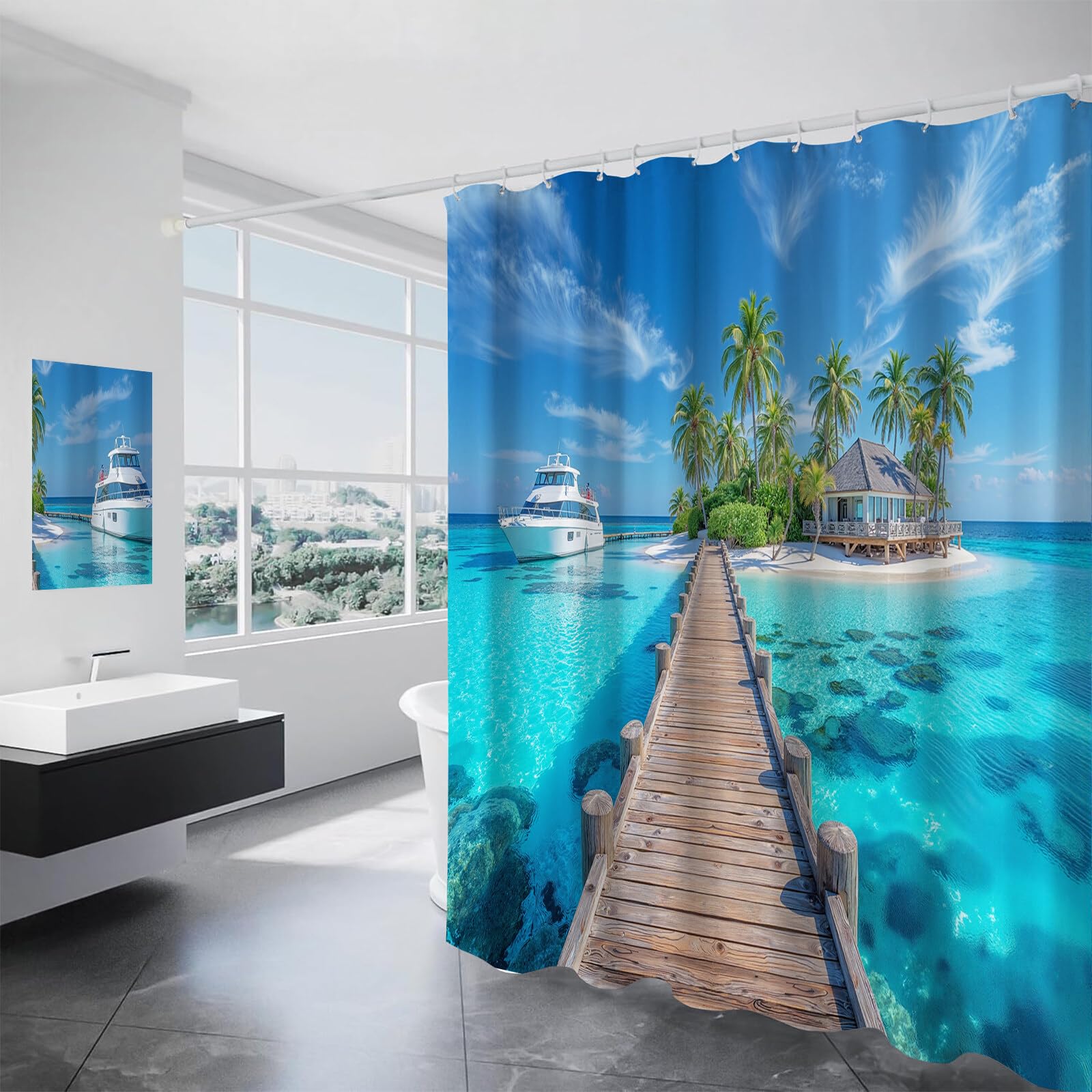 Rideau Douche,Rideau Baignoire Lavable en Machine Rideaux Douche Tissus Lavable Rideau De Baignoire Lavable pour Salle De Bain Domicile Baignoire Famille,Pier Island,