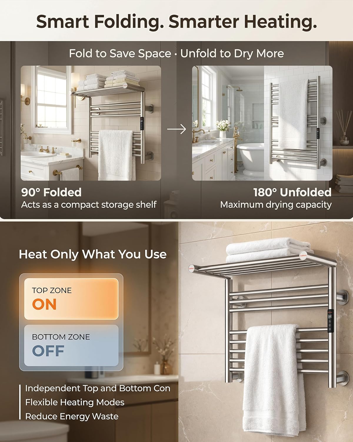 High-Density Foldable Heated Towel Rack, Smart Dual-Zone App/Voice Control Towel Warmer Rack, GFCI Plug-in/Hardwired, Wall-Mount, Drill-Free Install, Brushed, CA3-700X550-Ultra-S