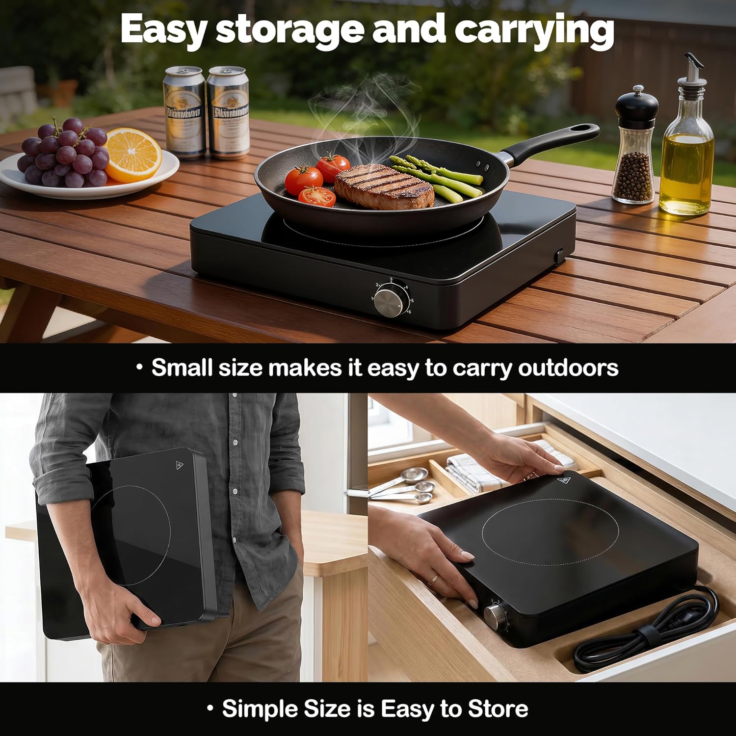 Portable Single Burner Electric Cooktop, 1200W 110-120V Countertop Hot Plate with Knob Control & 6 Power Levels, Black Crystal Glass Surface, Compatible with All Cookware, for Home Camping