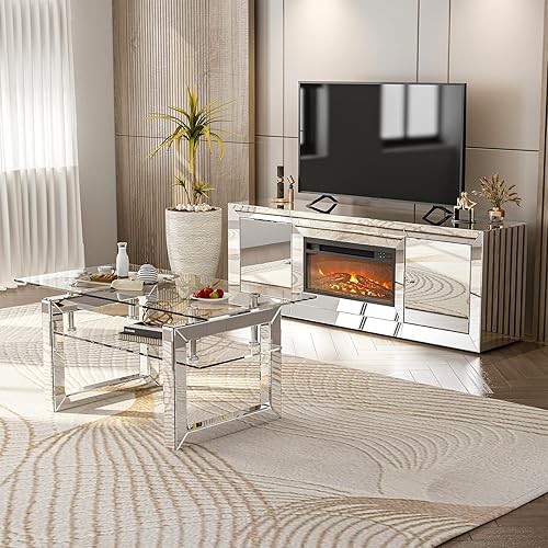 Miniatura 8 de IKIFLY Soporte de TV con chimenea de espejo para TV de más de 65 pulgadas, soporte de TV con chimenea, calentador independiente de mantel plateado
