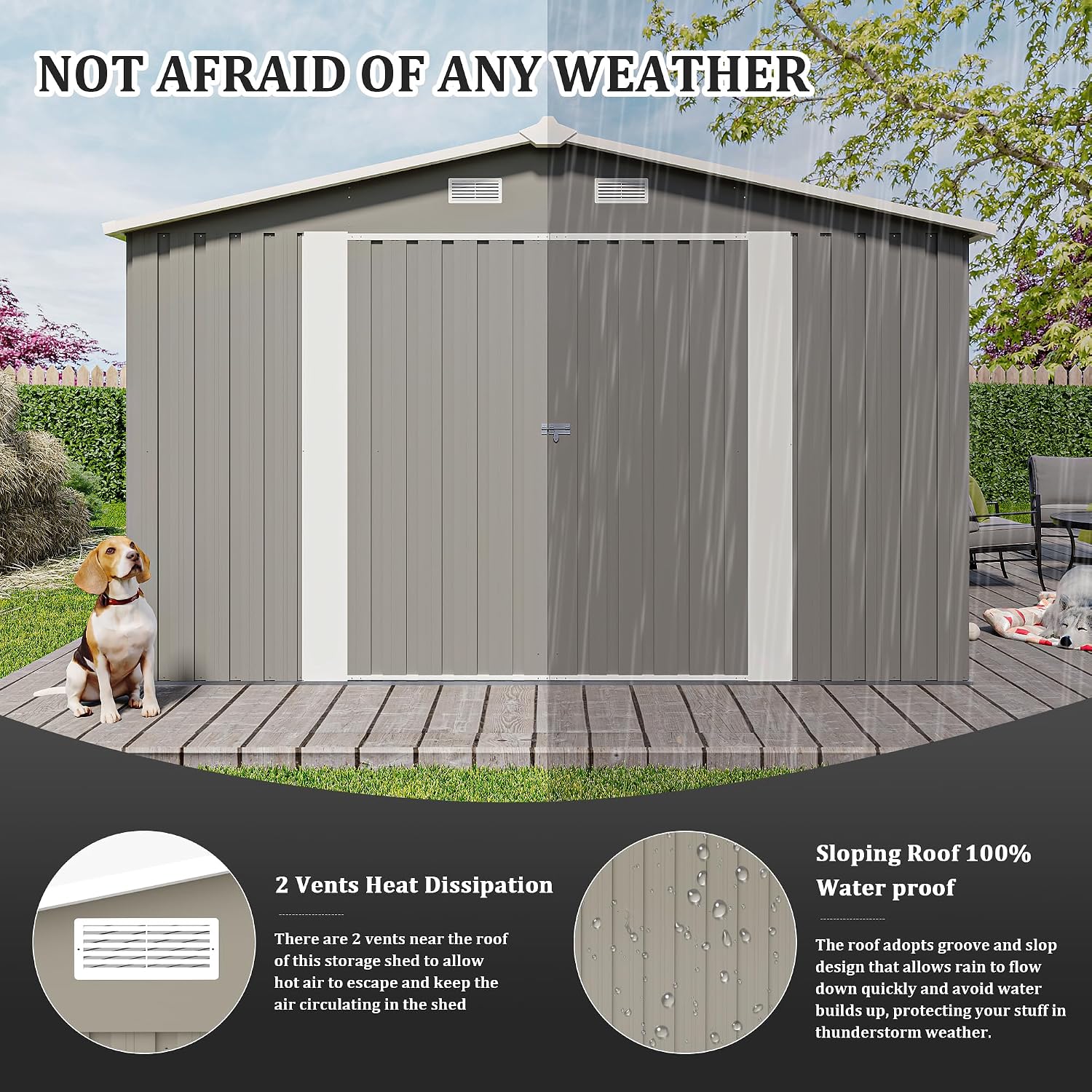 KEIKI 10x 14 FT Metal Storage Shed Outdoor, Large Garden Shed with Roof & Lockable Doors, Utility Tool Sheds Frame & 4 Vents for Patio Backyard Bicycles Storage House, All Weather Use, Light Grey