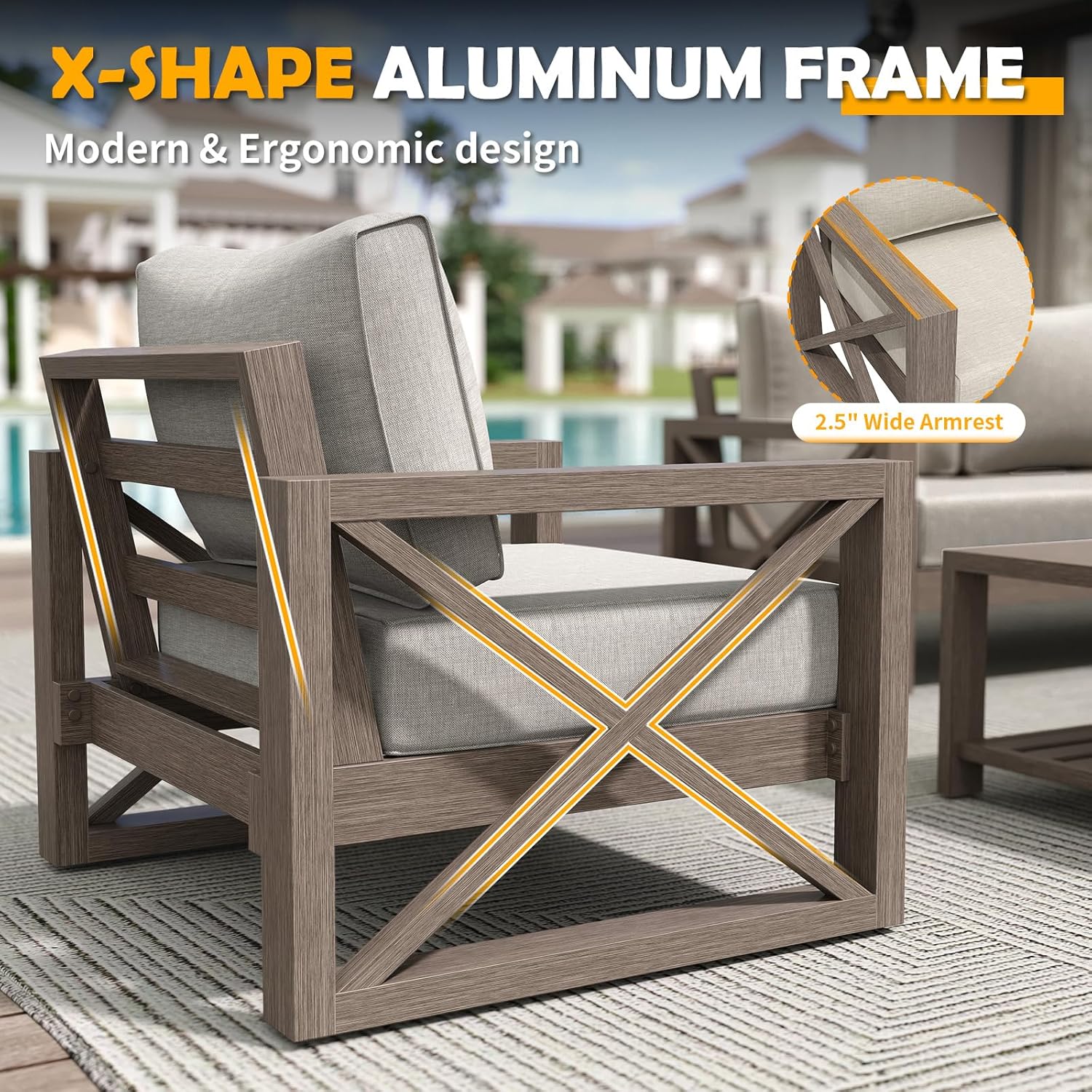 Amopatio Aluminum Patio Furniture Set, 8 Pieces Modern Metal Outdoor Furniture, Faux Wood Grain Finish Frame Patio Sofa Sets with 6" Cushion for Backyard, Beige (Included Waterproof Covers)