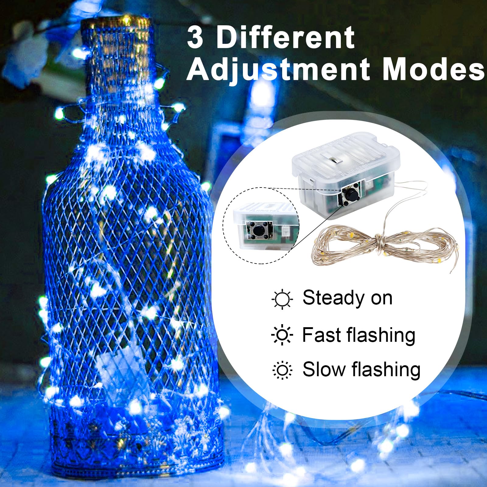 Confezione da 24 luci a batteria, 20 luci LED scintillanti da 2,1 m, 3 modalità, impermeabili, mini filo argentato per Natale, matrimoni, barattoli, centrotavola (24, blu)