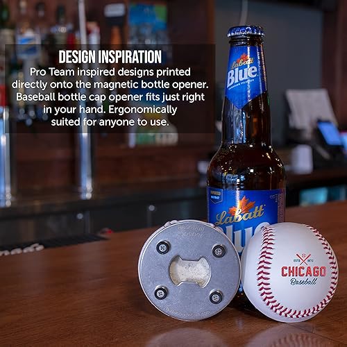 Miniatura 3 de Abrebotellas Chicago C, abrebotellas de cerveza hecho de cuero de béisbol real, abridor de botellas magnético y receptor de tapas, accesorio genial