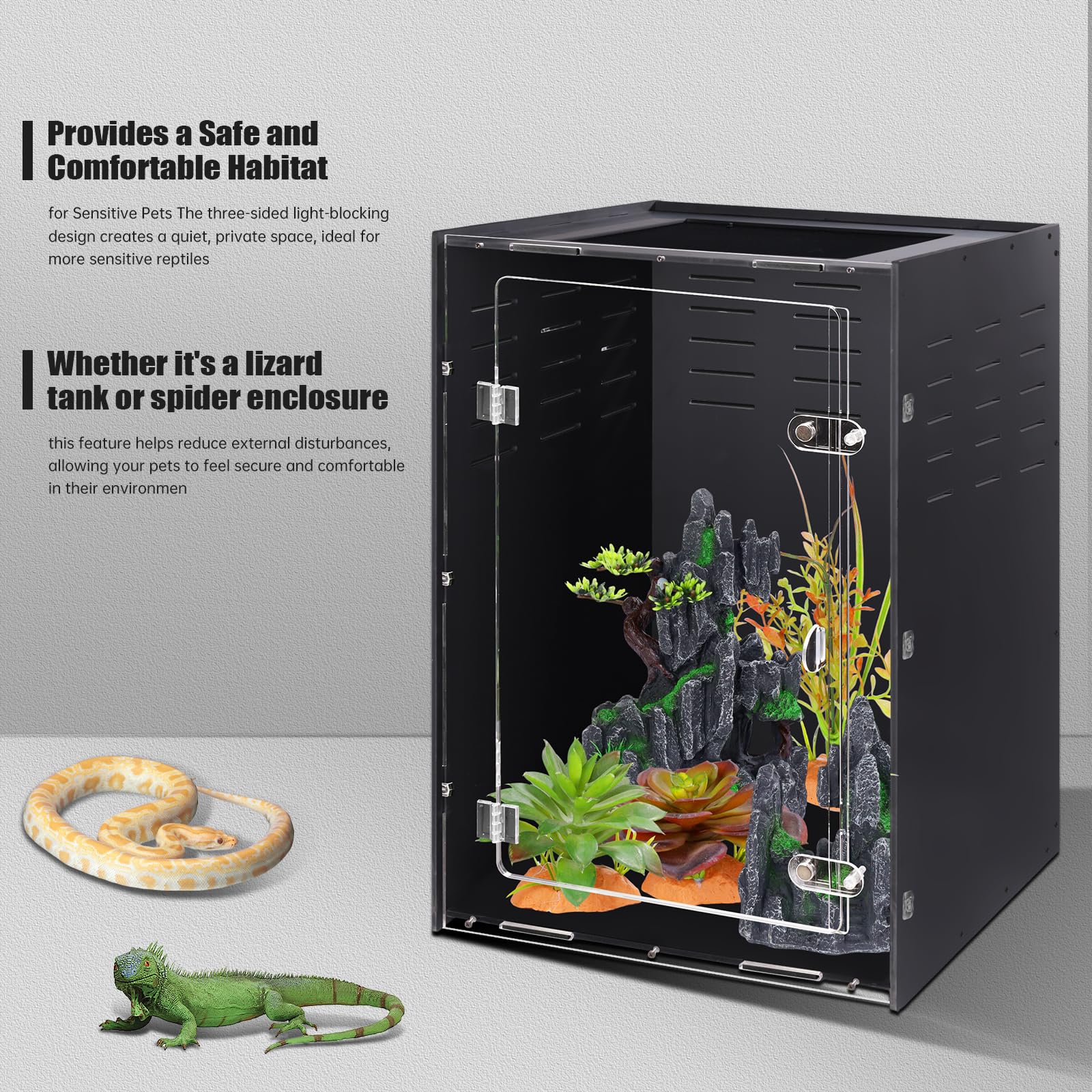 Recinzione per rettili, 40,6 x 40,6 x 63,5 cm, terrario per rettili gechi crestati, habitat acrilico con ventilazione per lucertole, serpenti e camaleonte