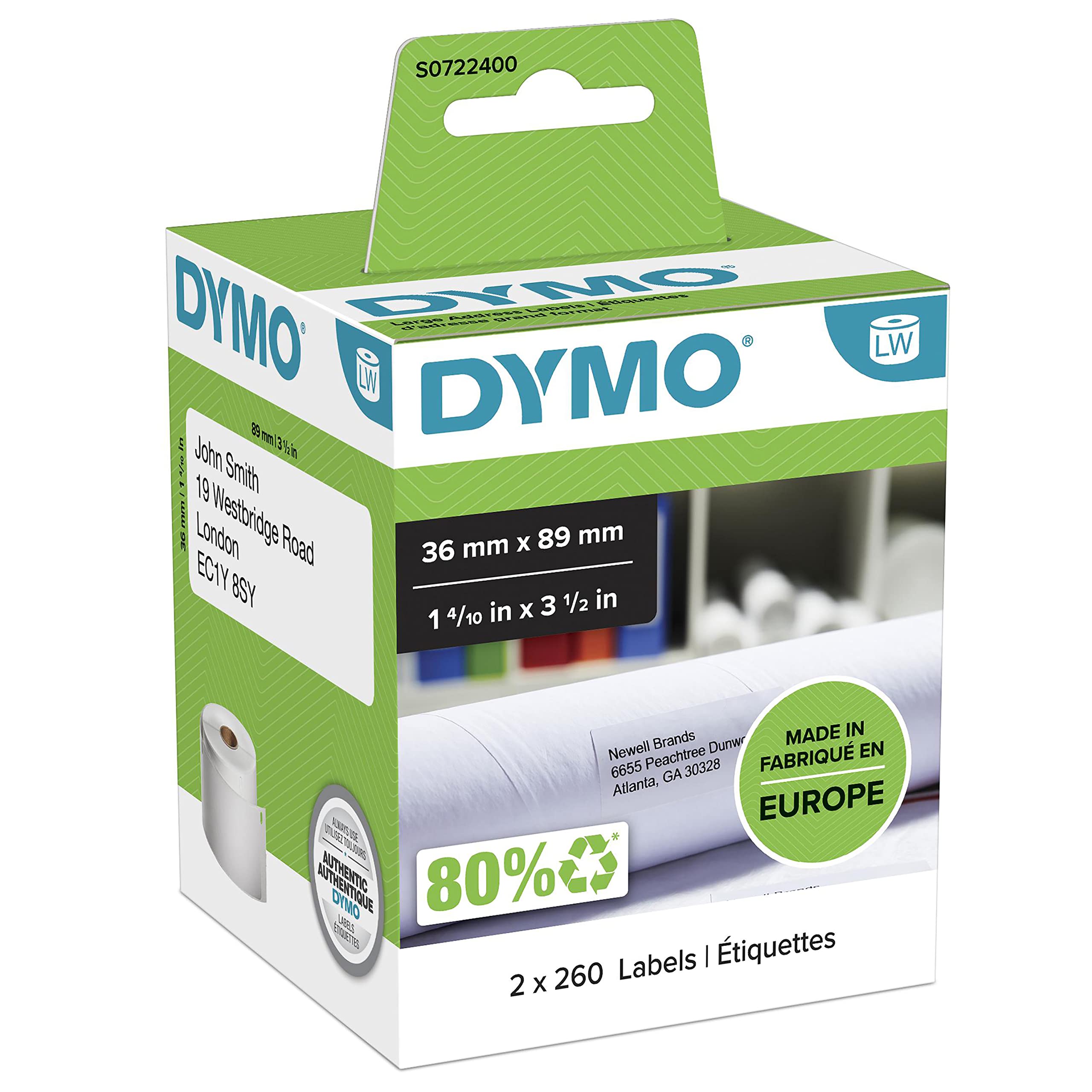 DYMO Label Writer, Address Labels, 1.4 x 3.5 inches (36 x 89 mm), Pack of 2