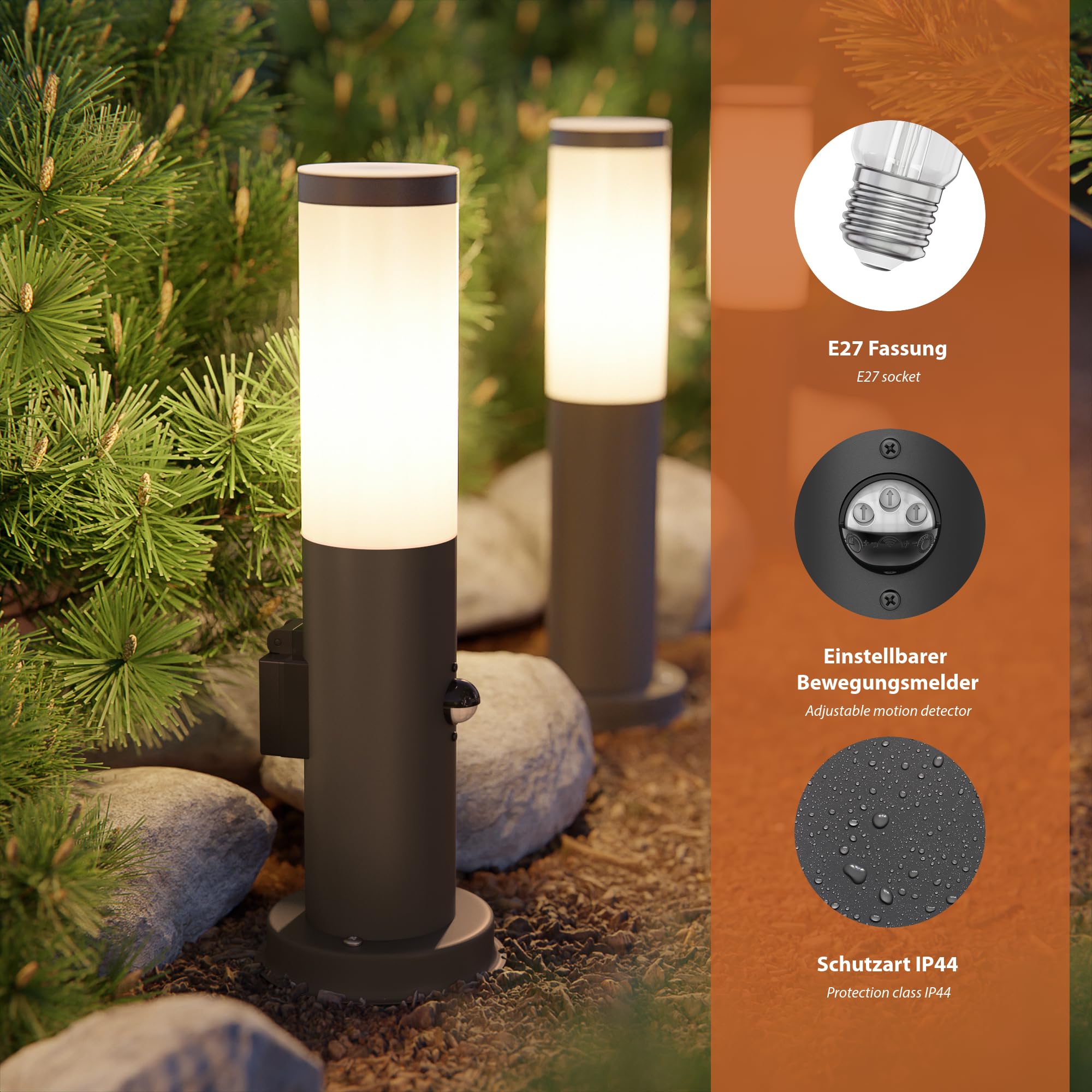 ledscom.de Dissuasore luminoso PORU Sensor con picchetto a terra per esterni, 38 cm, antracite, presa, incl. lampada E27 471lm, bianco extra-caldo