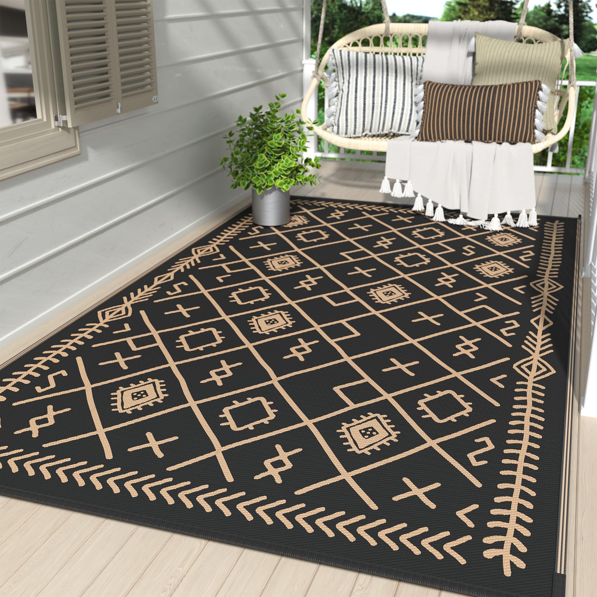 5' x 8' Boho Outdoor Rug Waterproof for Patio Decor, Plastic Straw Rugs Carpet for Backyard, Reversible Rv Area Mat Clearance for Outside, Camping, Rv, Deck, Balcony, Camper, Black & Brown