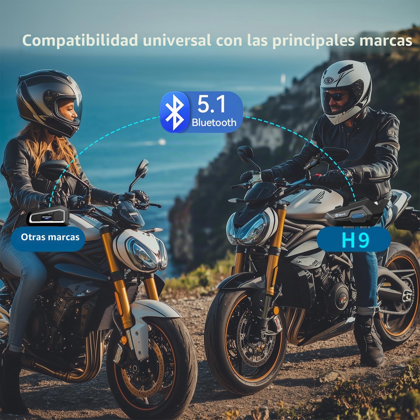 Auriculares Casco Moto,Intercomunicador Casco Moto H9 Sistema de Comunicación Inalámbrica Bluetooth 5.1 con Compartición de Música y Asistente de Voz (2 Piezas)