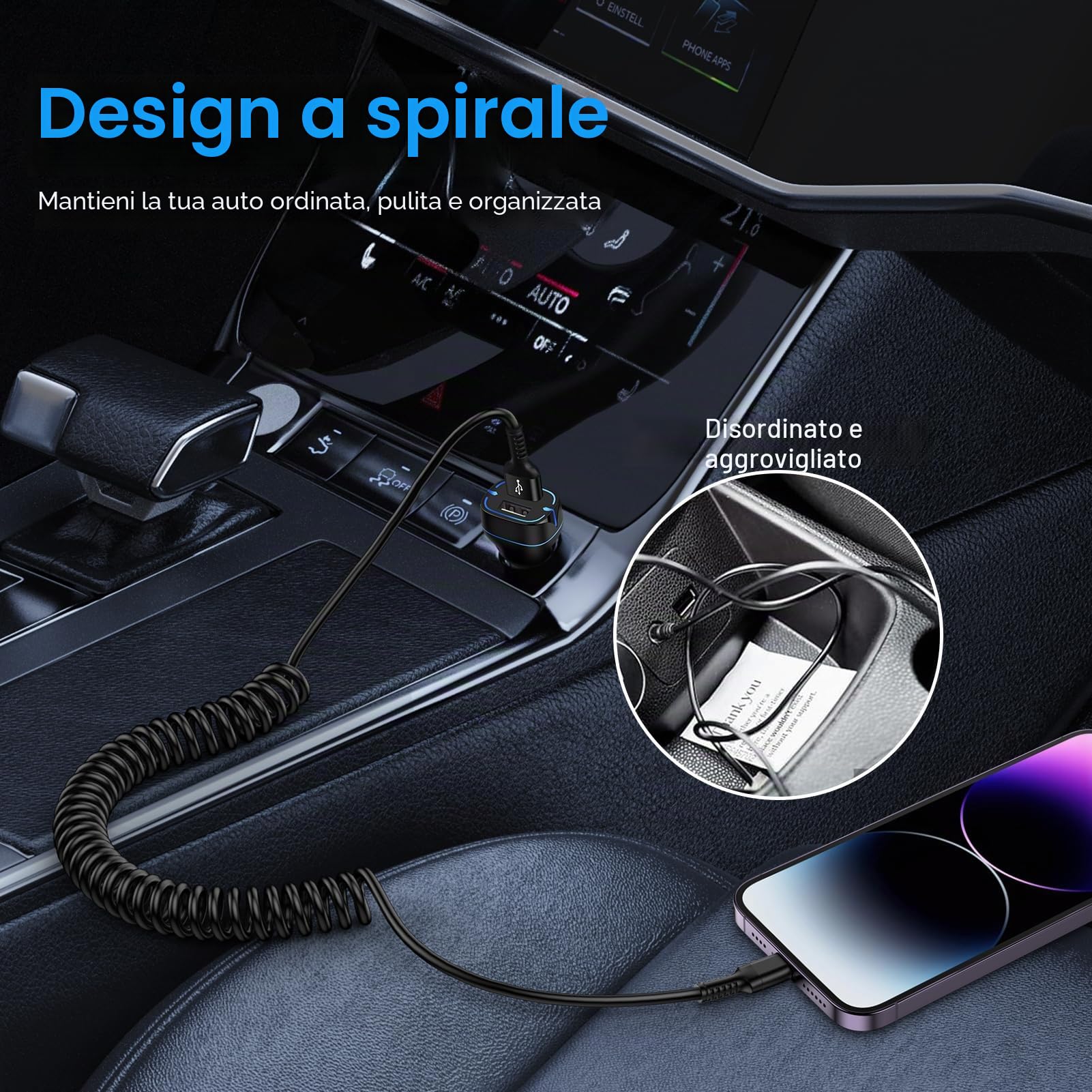 Cavo a spirale USB A a Lightning, [Certificato MFi] Cavo CarPlay per dati, Cavo di ricarica per iPhone Auto USB Lightning Cavo di ricarica rapida per iPhone 14 Pro/14 Plus/14/13/12/11/SE/X/XS/XR/8