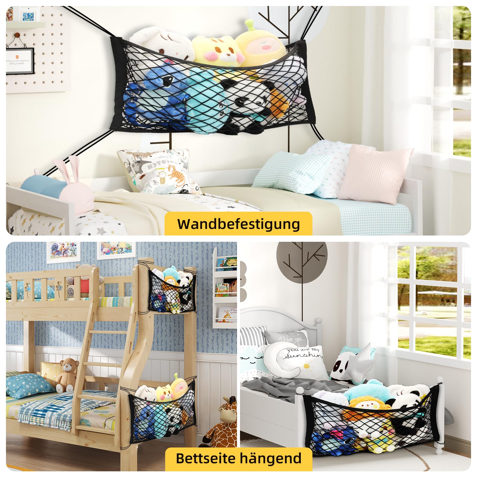 LAHAQIQI Spielzeug Kuscheltier Aufbewahrung Netz für Kinderzimmer，Bettseite Stofftier Organizer Hängend Elastisches Netztasche mit Tethe für Kinder (Schwarz, 1 Stück) Küche, Haushalt & Wohnen