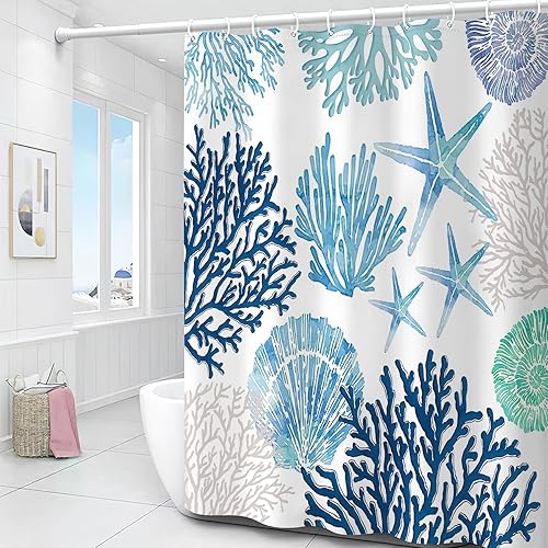 Miniatura 5 de Typruye Cortina de ducha náutica costera con temática oceánica, coral, conchas marinas, playa, estrellas de mar, cortinas de ducha impermeables para