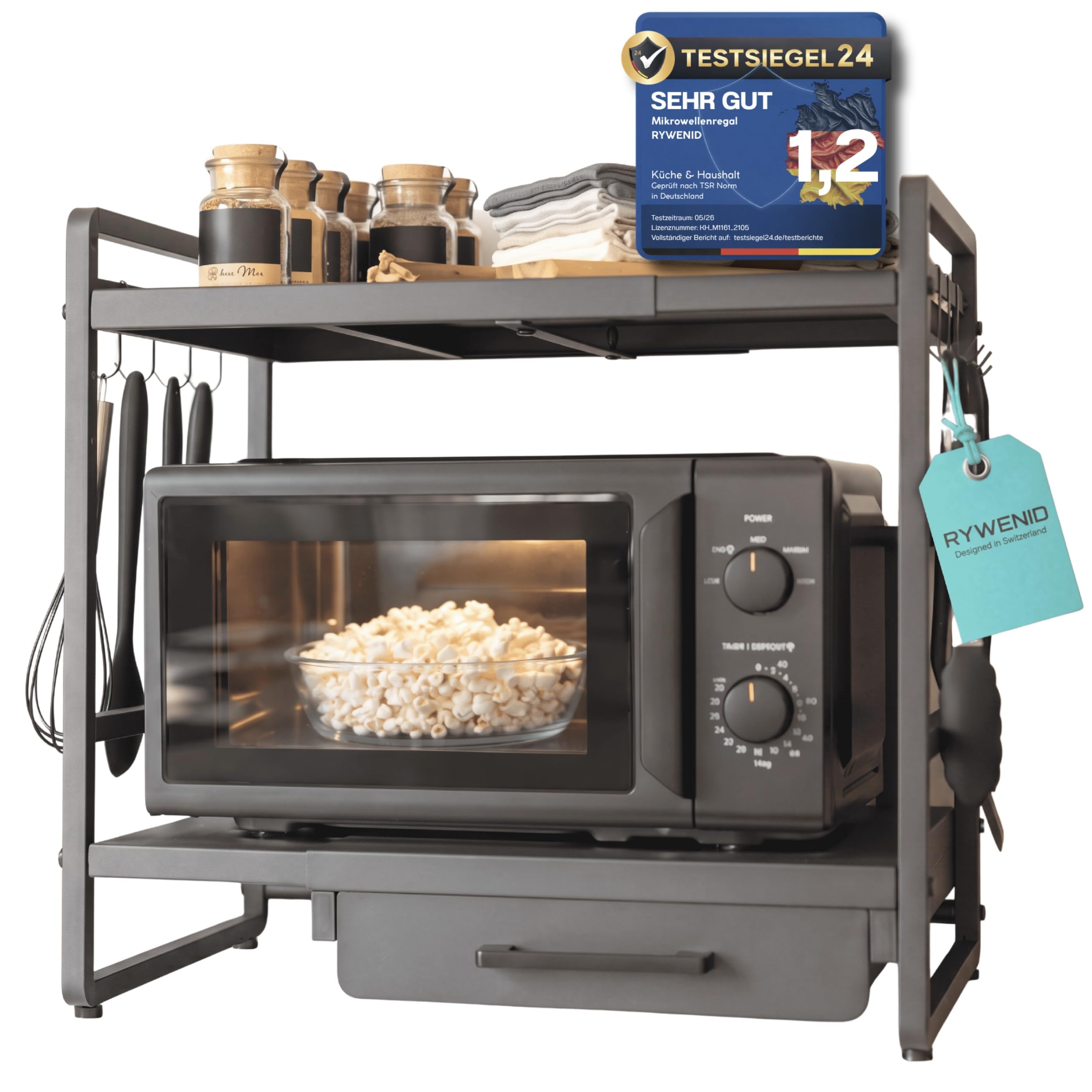 Mikrowellenregal mit Schublade höhenverstellbar, Regal Mikrowelle schwarz | Küchenorganizer Regal für Arbeitsplatte, stabil bis 50kg, erweiterbar 40-64cm, Küchenregal für maximale Ordnung in der Küche