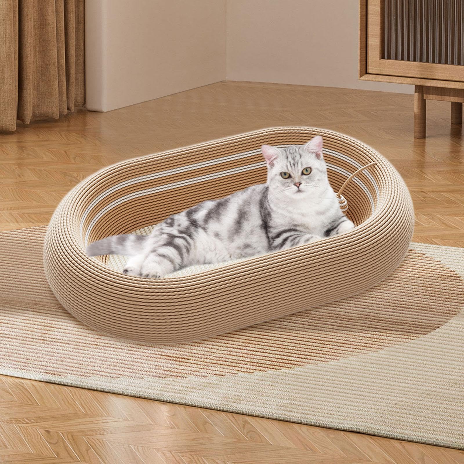 Griffoir pour Chat Corbeille à Gratter Spacieuse Couchage pour Félin Tapis de Griffade et Jouet en Sisal Adapté pour Le Sommeil et L'Entraînem, Brun Blanc