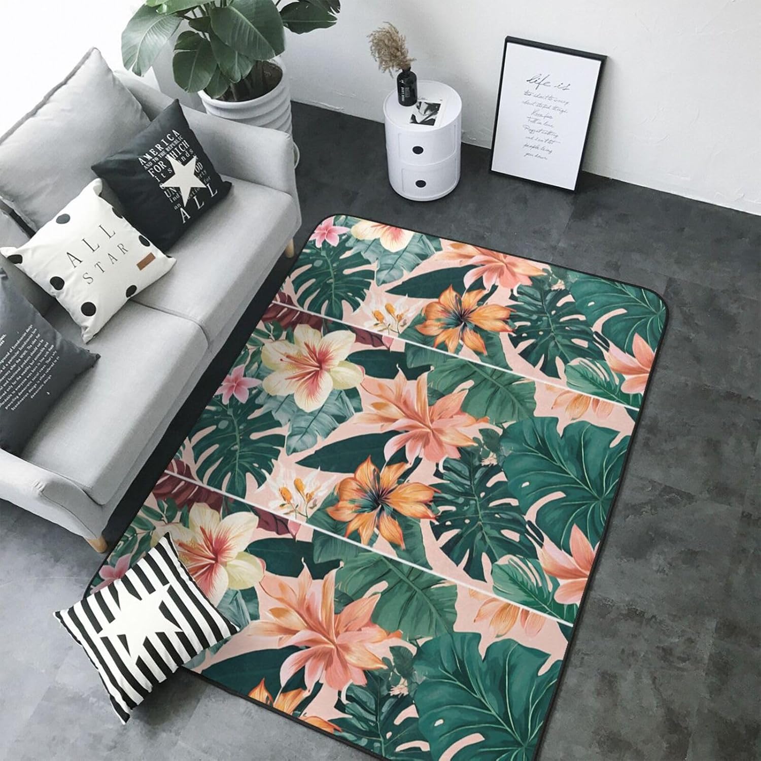 Flannel Non-Slip (Tropical Summer Hawaiian Flower Palm Leaves) Rug Pad 80×50in Soft Washable Protective for Hardwood Floors Bedroom Bathroom Living Room