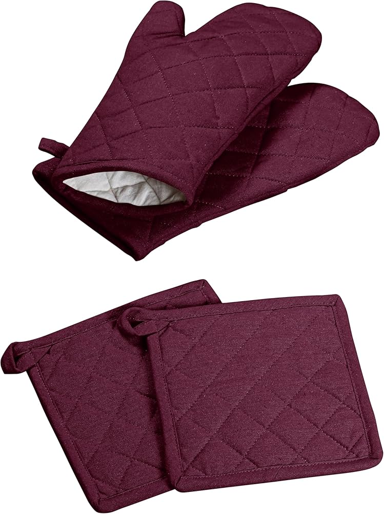 Oven Mitt (7"x13") & Pot Holder (8"x8") 100% Cotton Set of Heat Resistant Oven Gloves & Hot Pads for Gifts, BBQ, Cooking, Baking, Thanksgiving - Burgundy Wine