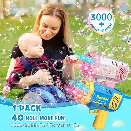 Miniatura 2 de Máquina de burbujas Bazooka Mini pistola de burbujas para niños pequeños, 40 agujeros, soplador de burbujas con luces, más de 3000 burbujas por