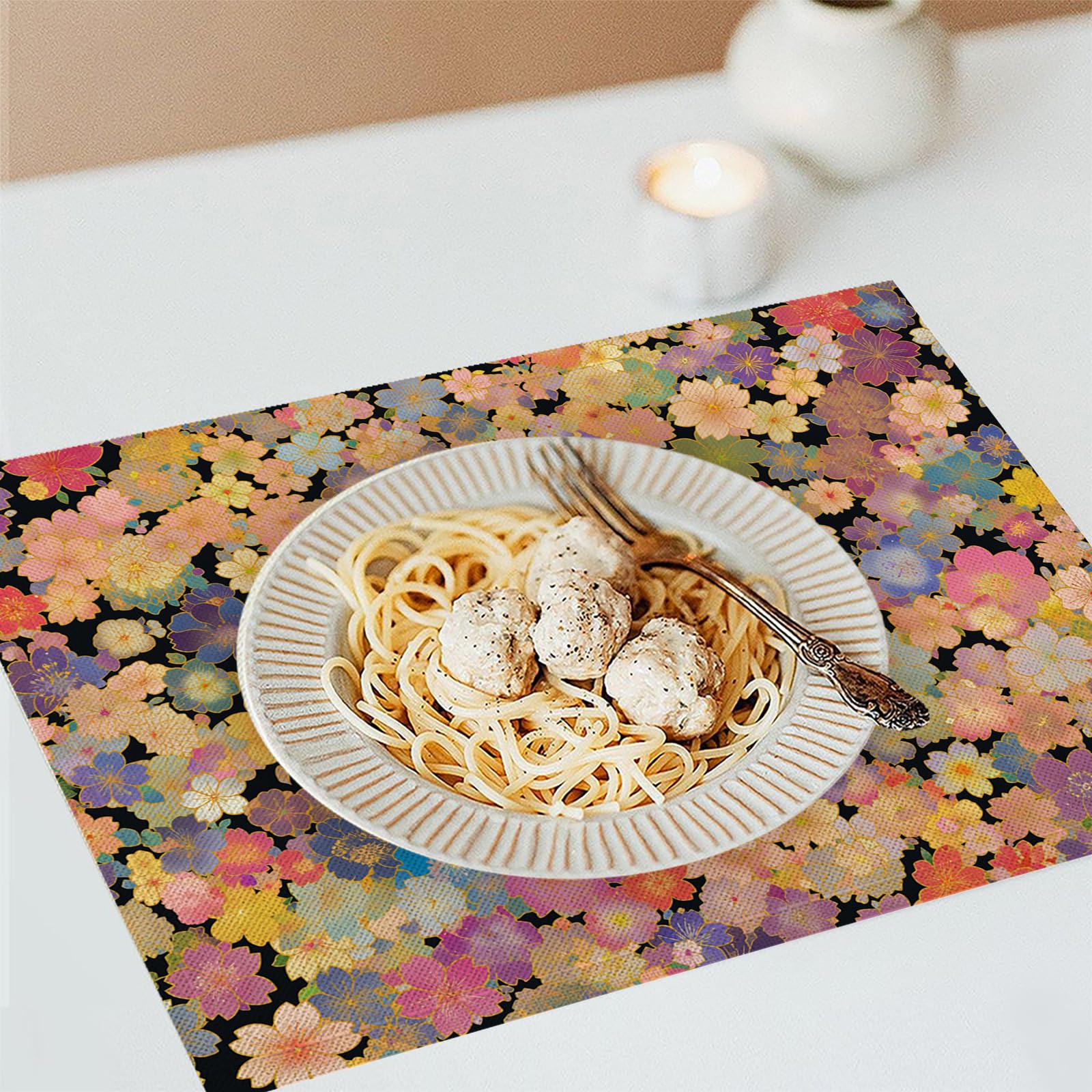 Set de Table Dessin animé - 8 Pièces Tapis de Table Petit Motif Floral en Coton et Lin 45×30cm Lavable Placemats Rectangulaire pour Salle à Manger, Salon