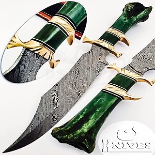 : Hand Made Damascus Steel Collectible gutt Bowie Knife Handle Camel Bone (green) - NoonKnives