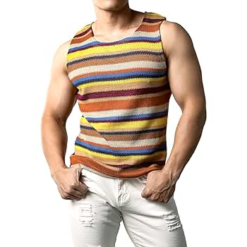JOGAL Mens Rainbow Striped Sleeveless Shirts Multicolored