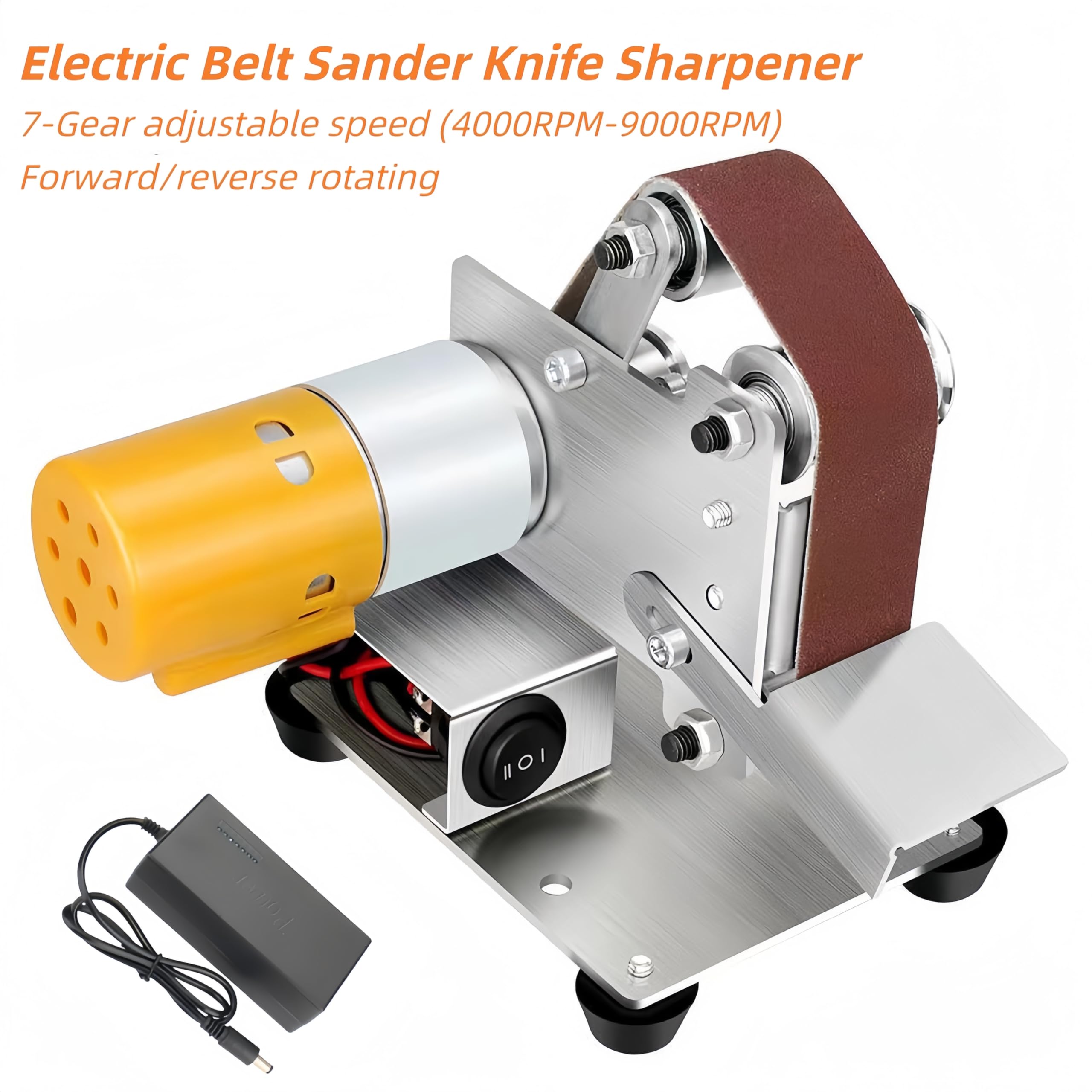 Mini Electric Belt Sander, Tabletop Knife Sharpener, Bench Grinder Polisher Belt Sander Sanding Machine for Woodworking Metal Working 7 Variable Speed 9000RPM