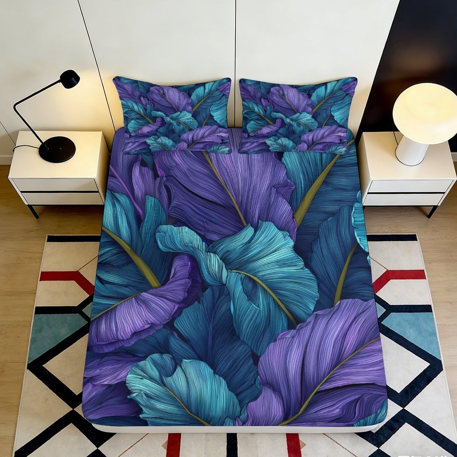 Jqzkxnhpbr Style-3 3D Printed Purple Iris Fitted Sheet Microfiber Soft Floral Blue Leaf Bed Cover For Bedroom Guest Room Decor 90X200x25cm