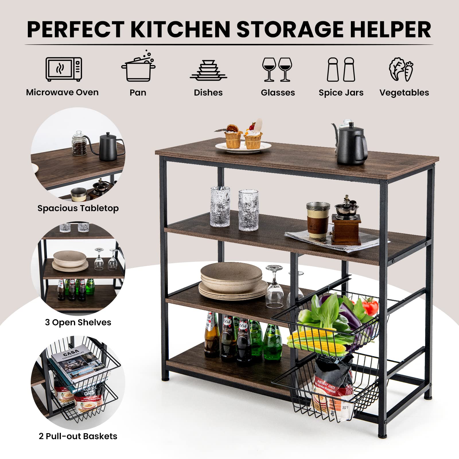 VASAGLE Bakeru2019s Rack With Shelves, Icrowave Stand With Wire Basket, 6 S-Hooks, Kitchen Shelf