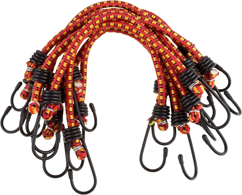 Bungee Cords - 10-Pack Virgin Rubber 12-Inch Cordage with Heavy-Duty Vinyl-Coated Hooks and Fabric Wrapping - Truck Accessories by Stalwart (Red)