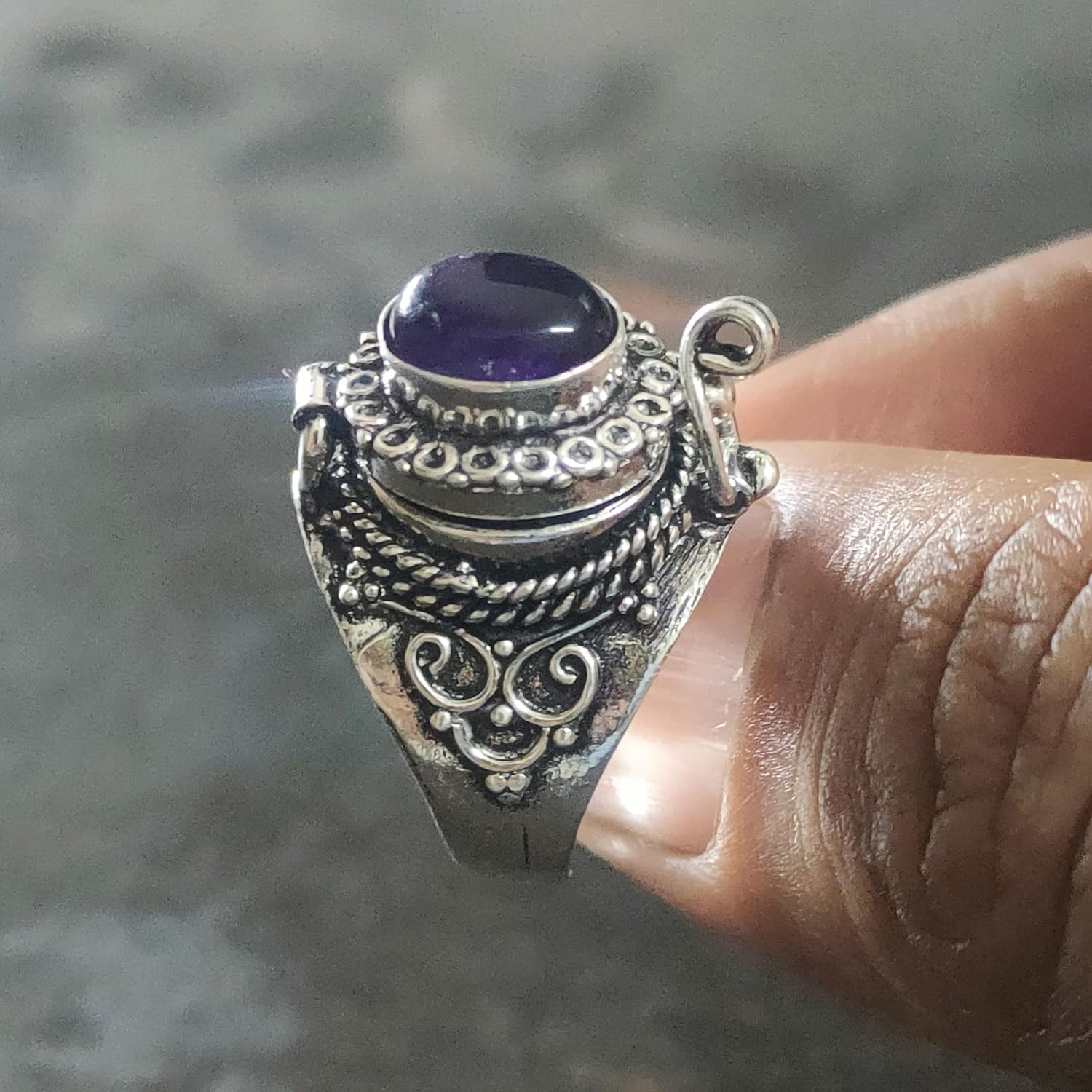 Genuine Natural Amethyst Poison Box Ring - Secret Locket Pill Box Jewelry, Healing Crystal, January Birthstone Gift, Red Stone Accent