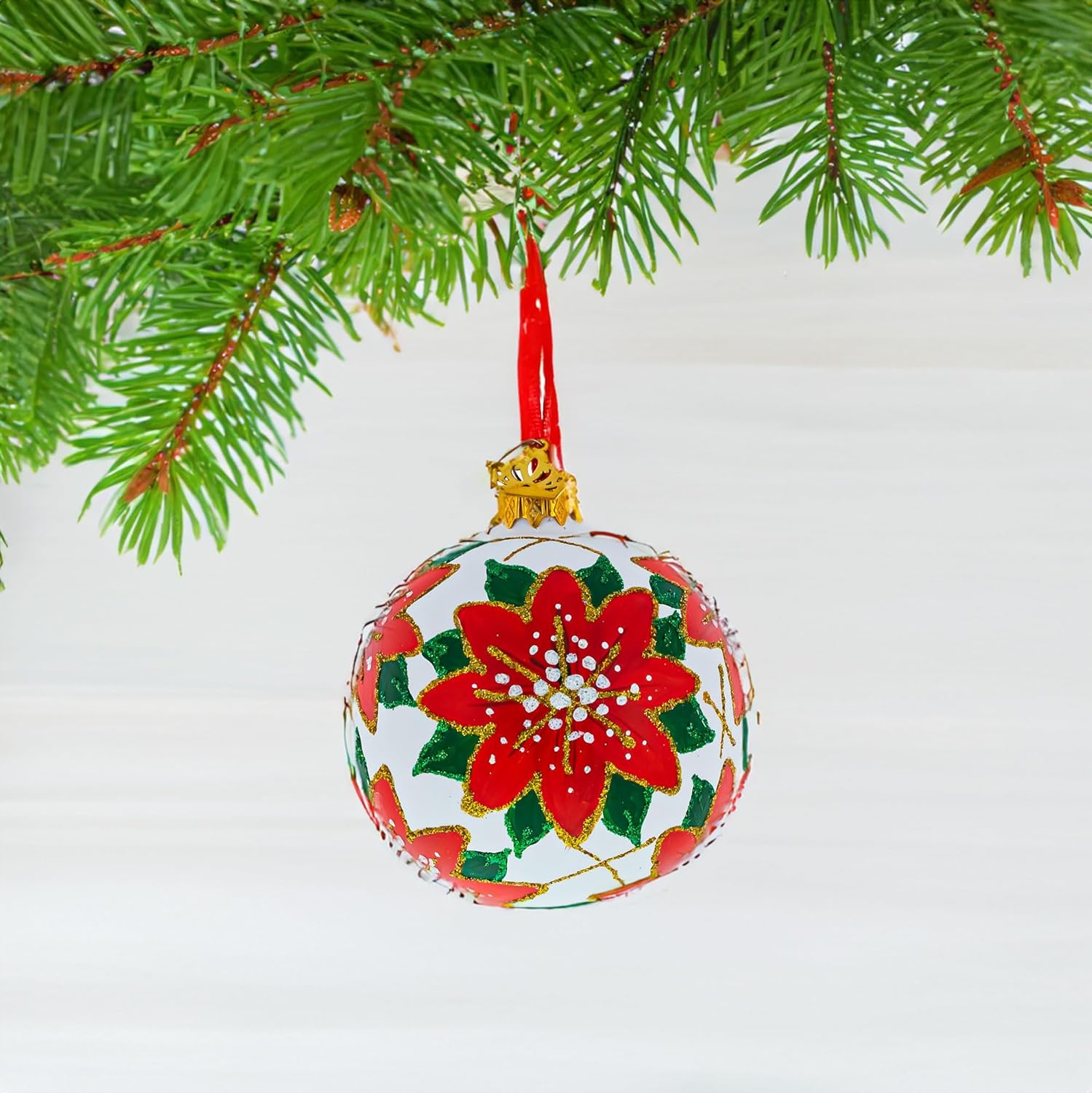 Poinsettia Flowers on White Glass Ball Christmas Ornament 3.25 Inches - Image 8