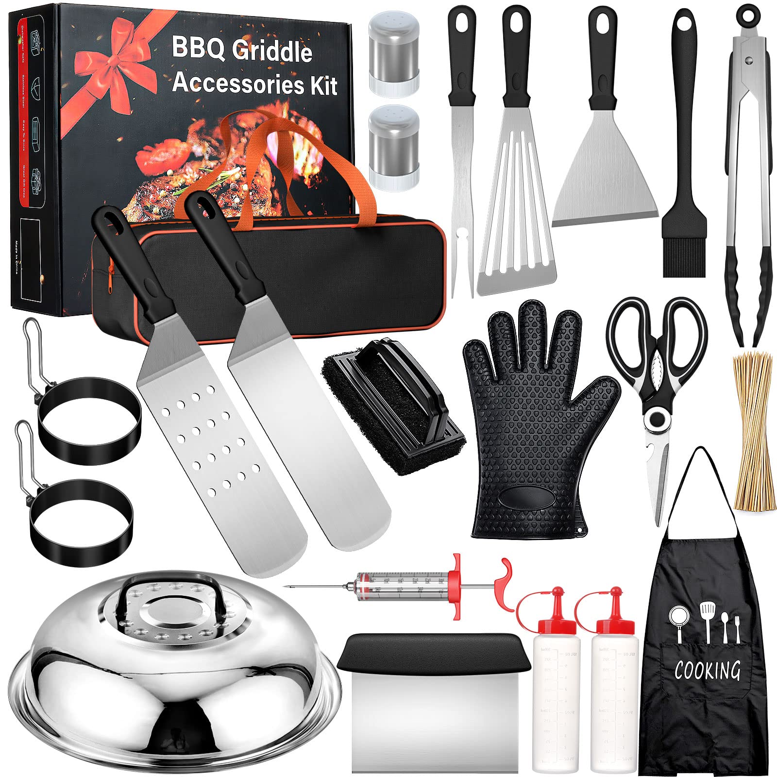 Griddle Accessories Kit,121PC Grill Griddle Accessories Set for Blackstone and Camp Chef, Professional Flat Top Griddle Accessories Tool Kit with Slotted Spatula, Scraper, Bottle, Tongs, Egg Ring (A)