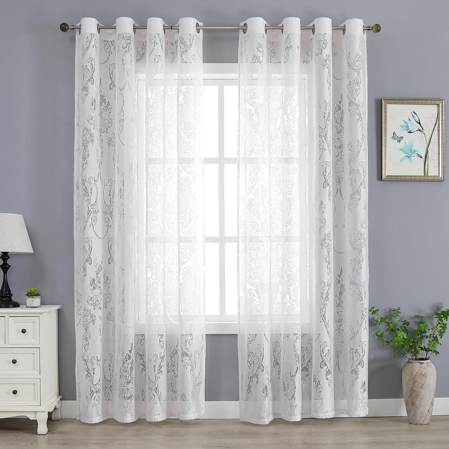 White Floral Jacquard Voile Curtains - Vintage Damask Eyelet Net Curtains, Semi Sheer Light Filtering Drapes for Living Room & Bedroom, French Shabby Chic Elegance (2 Panels)-W52 x L90 inch — image 1