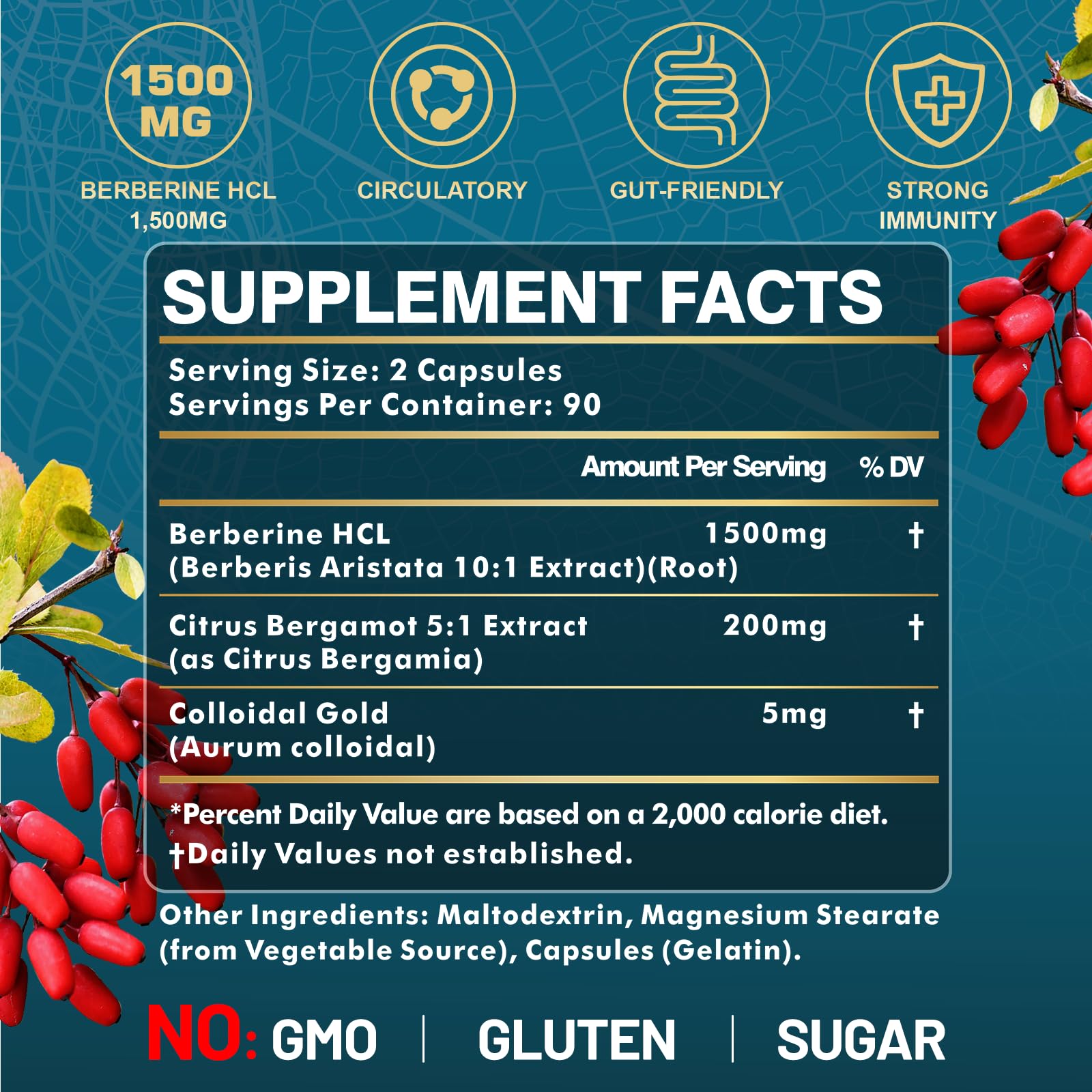 Berberine HCl 1500mg Supplement, 180 Veggie Capsules — Amazon image 2