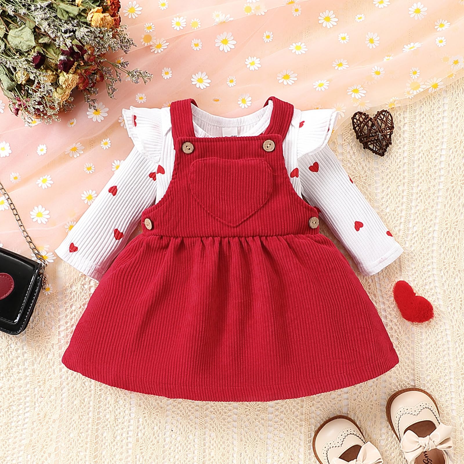 Vetement Bebe Fille Naissance Ensemble Bebe Fille Manches Longues à Volants Imprimé d'amour Body + Robe Bébé Filles Cadeau Naissance Filles Tenue Noel Bébé 0-18 Mois