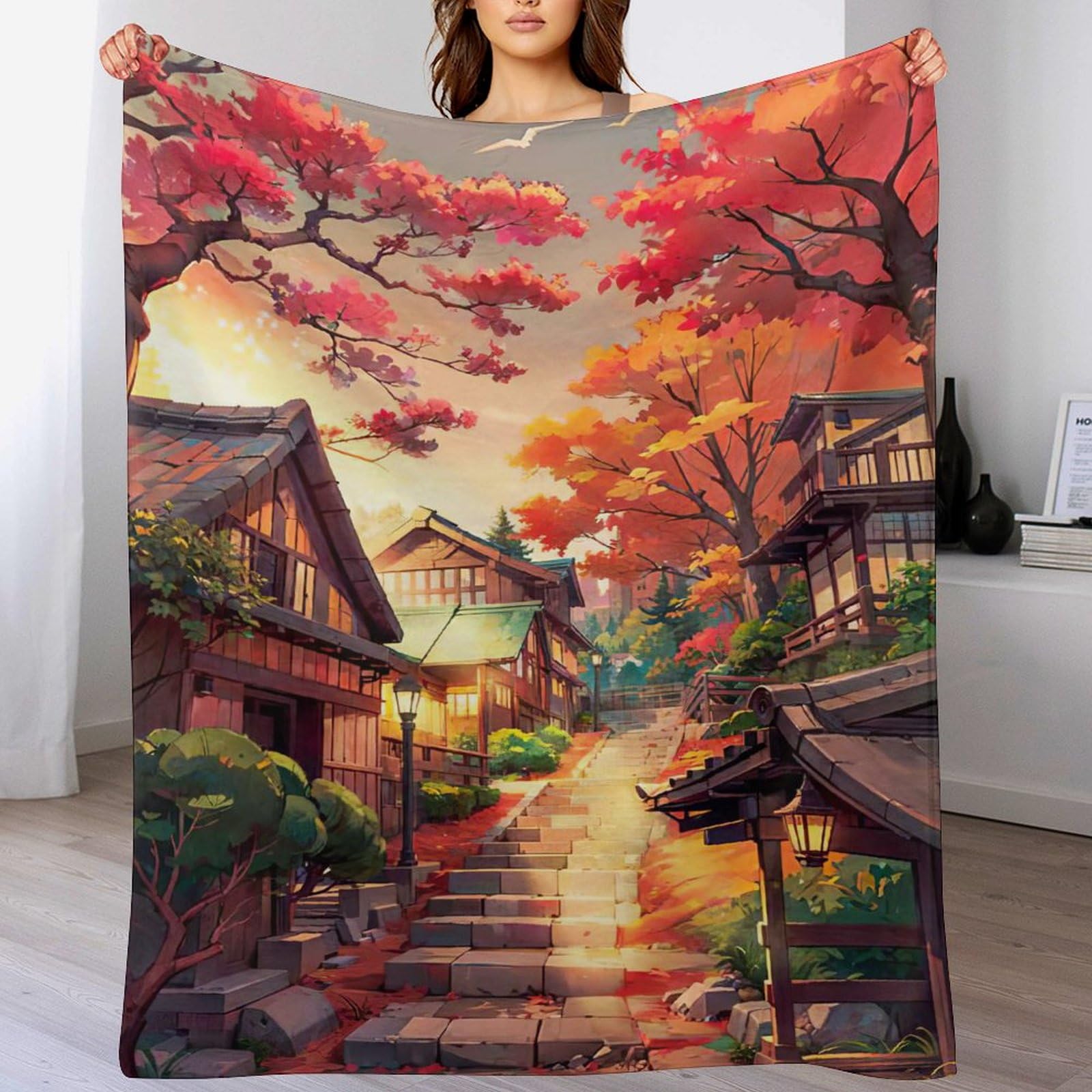Couverture polaire en flannel douce pour cocooning sur canapé style art japonais