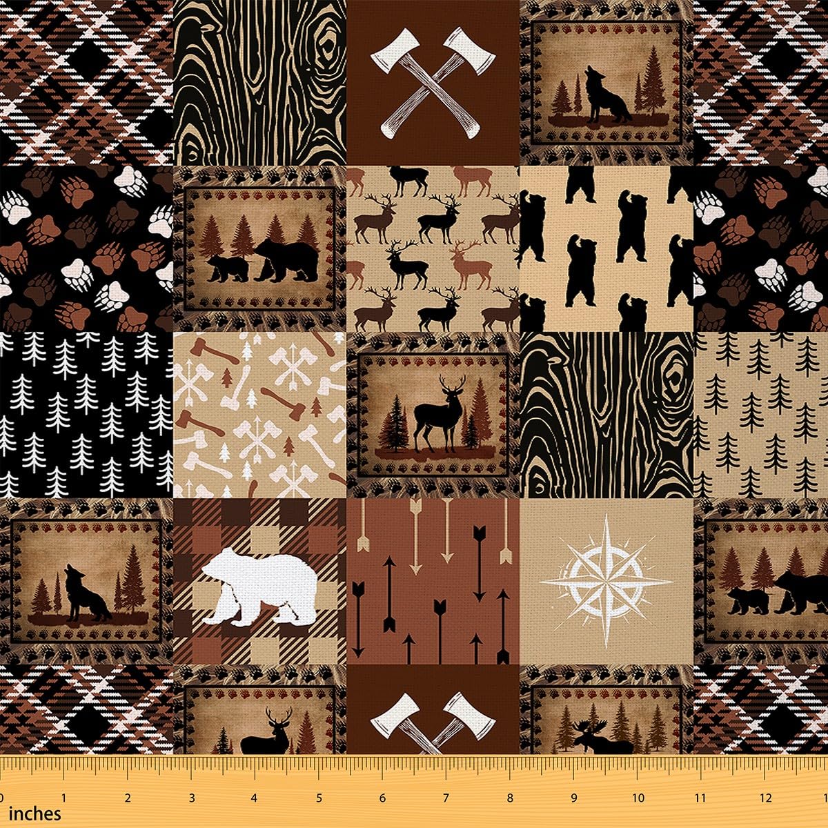 Bear Fabric by The Yard Cute Elk Print Decorative Waterproof Outdoor Upholstery Fabric for Chairs Plaid Grid Geometric Brown Black 1 Yard