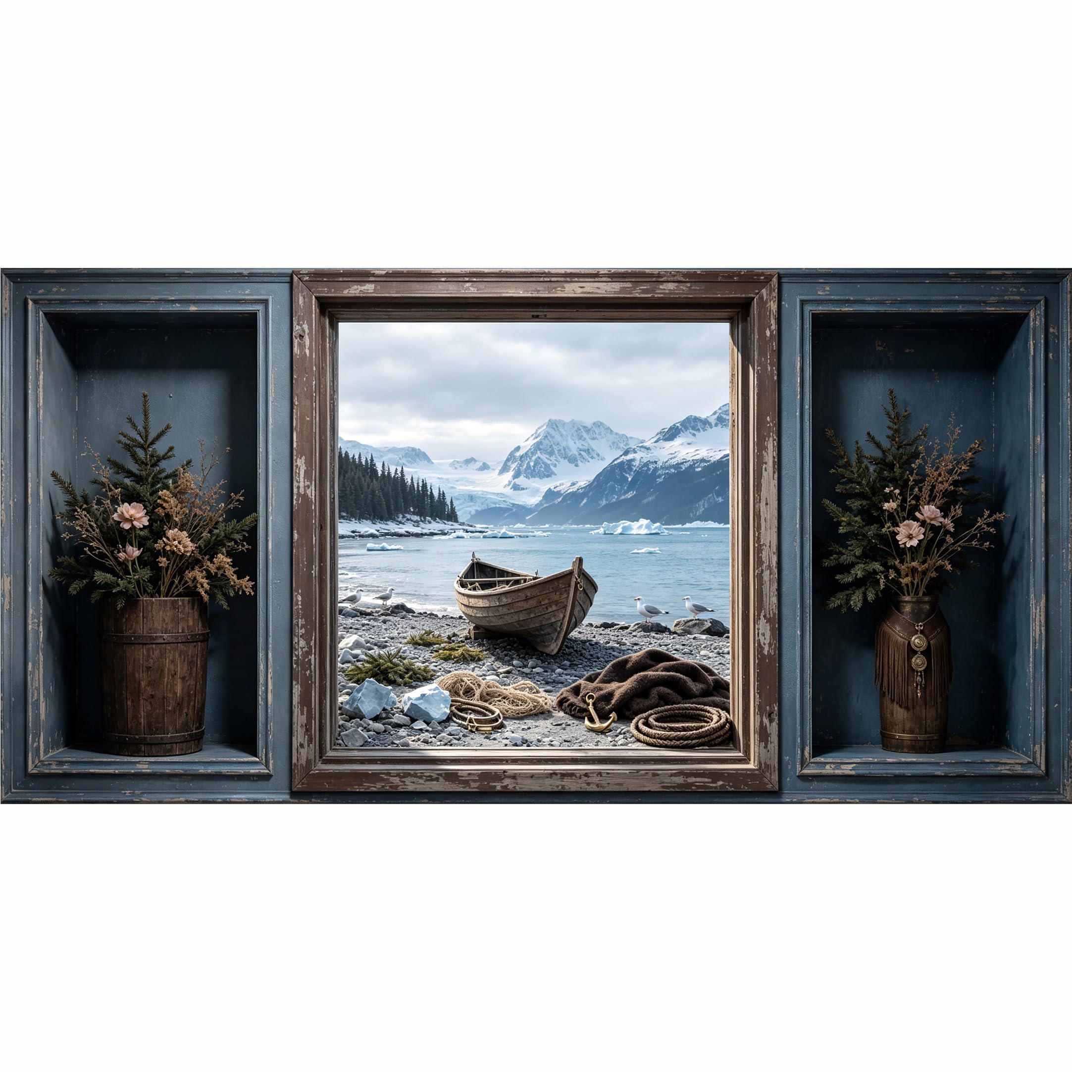 QZLITHOTIC 50x100cm 3D Framed Wall Art， Mountain Lake Boat Landscape Trompe l'oeil SelfAdhesive Mural， WaterActivated Peel & Stick Fabric Decor Wall Decal for Bedroom Living Room