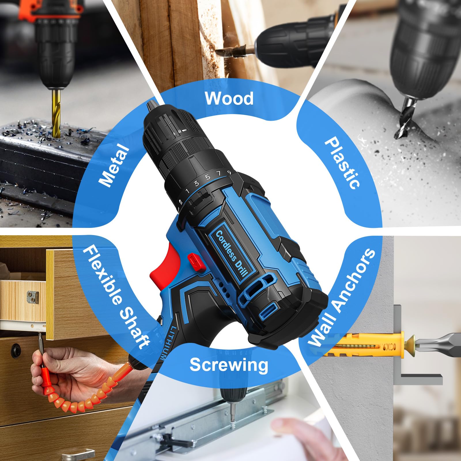 Set de perceuse sans fil, VIWKO perceuse électrique 20V avec bloc d'alimentation 2.0Ah et chargeur, mandrin sans clé de 9,5 mm, couple 25+1, 42 pièces de forets/vis pour projets DIY (Bleu)