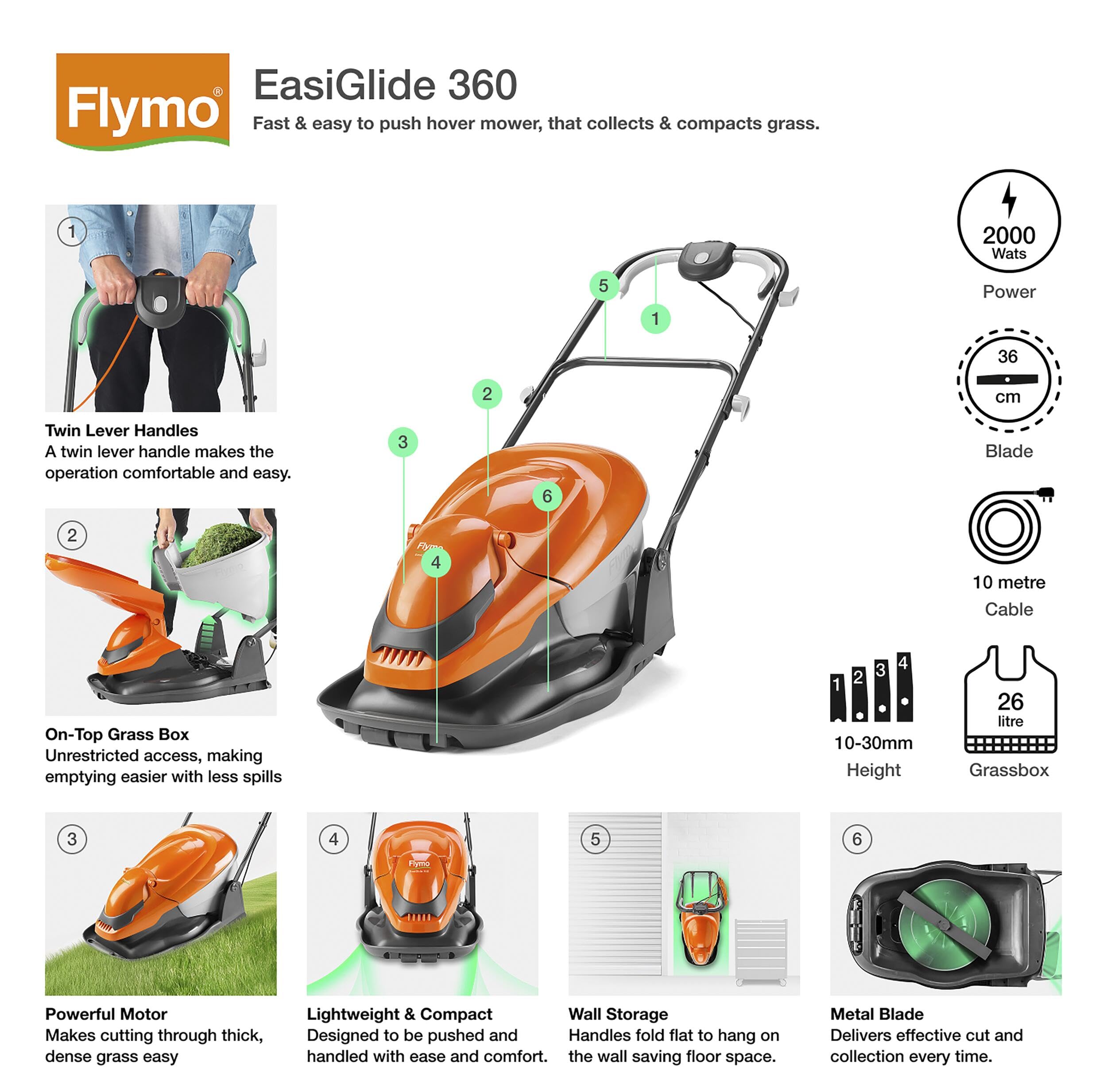 Flymo EasiGlide 360 Hover Collect - Cortacésped con Motor de 2000 W, Ancho de Corte de 36 cm, Caja de césped de 26 litros, se pliega Plano, Cable de 10 m, Naranja y Gris