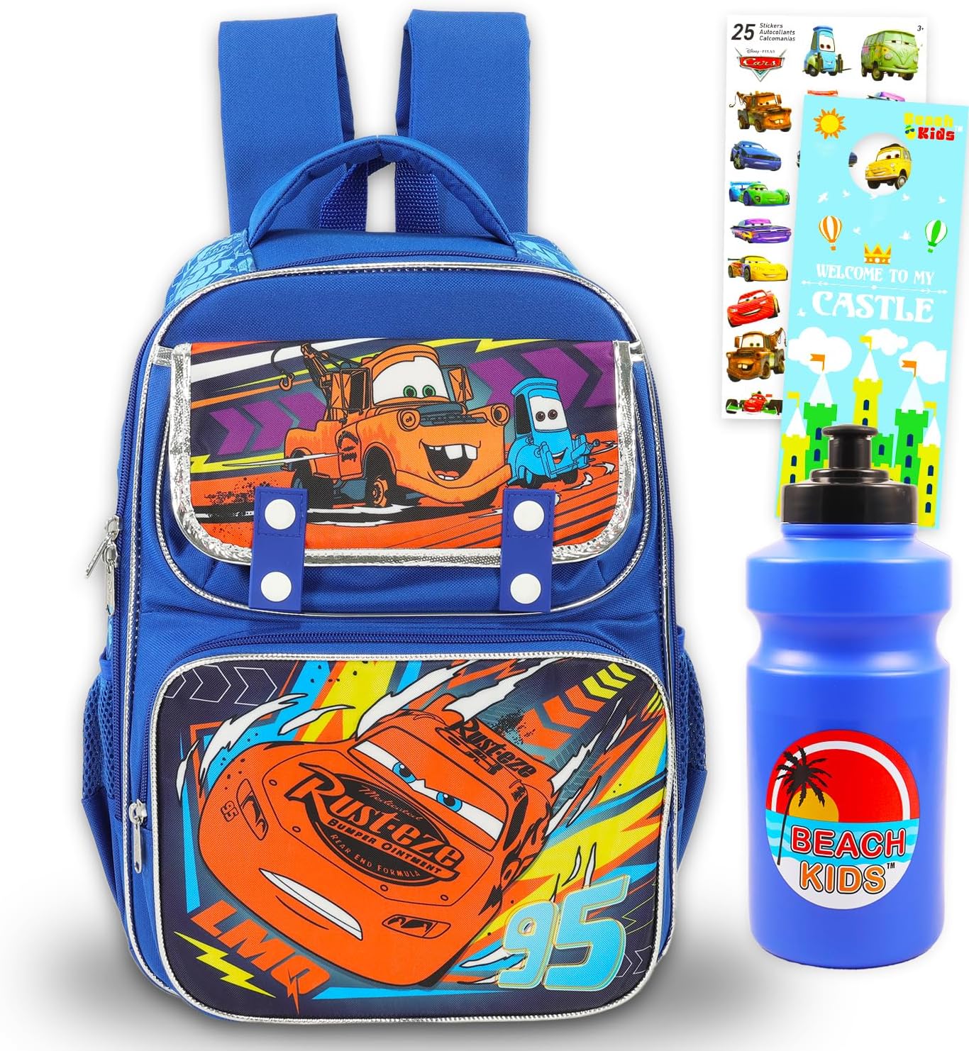 Disney Cars Backpack for Boys - Bundle with 15.5” PIxar Cars School Bag with Front Pockets, Water Bottle, Stickers, More | Lightning McQueen Backpack for Kids