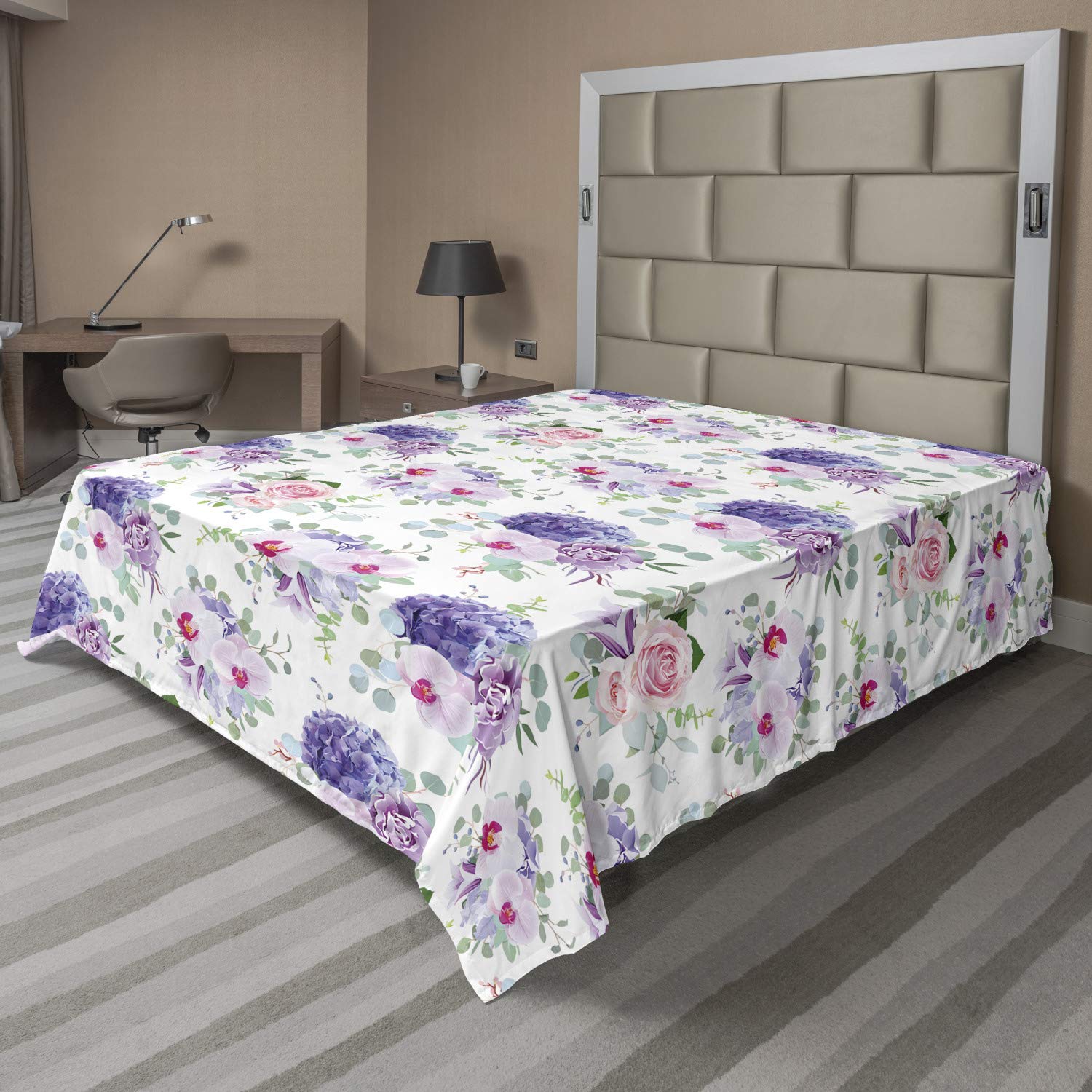 Ambesonne Floral Flat Sheet, Botanical Theme Roses Orchids and Carnations Motif Spring Flowers, Soft and Comfortable Top Sheet Decorative Bedding 1 Piece, Full Size, Blue Violet Pale Pink