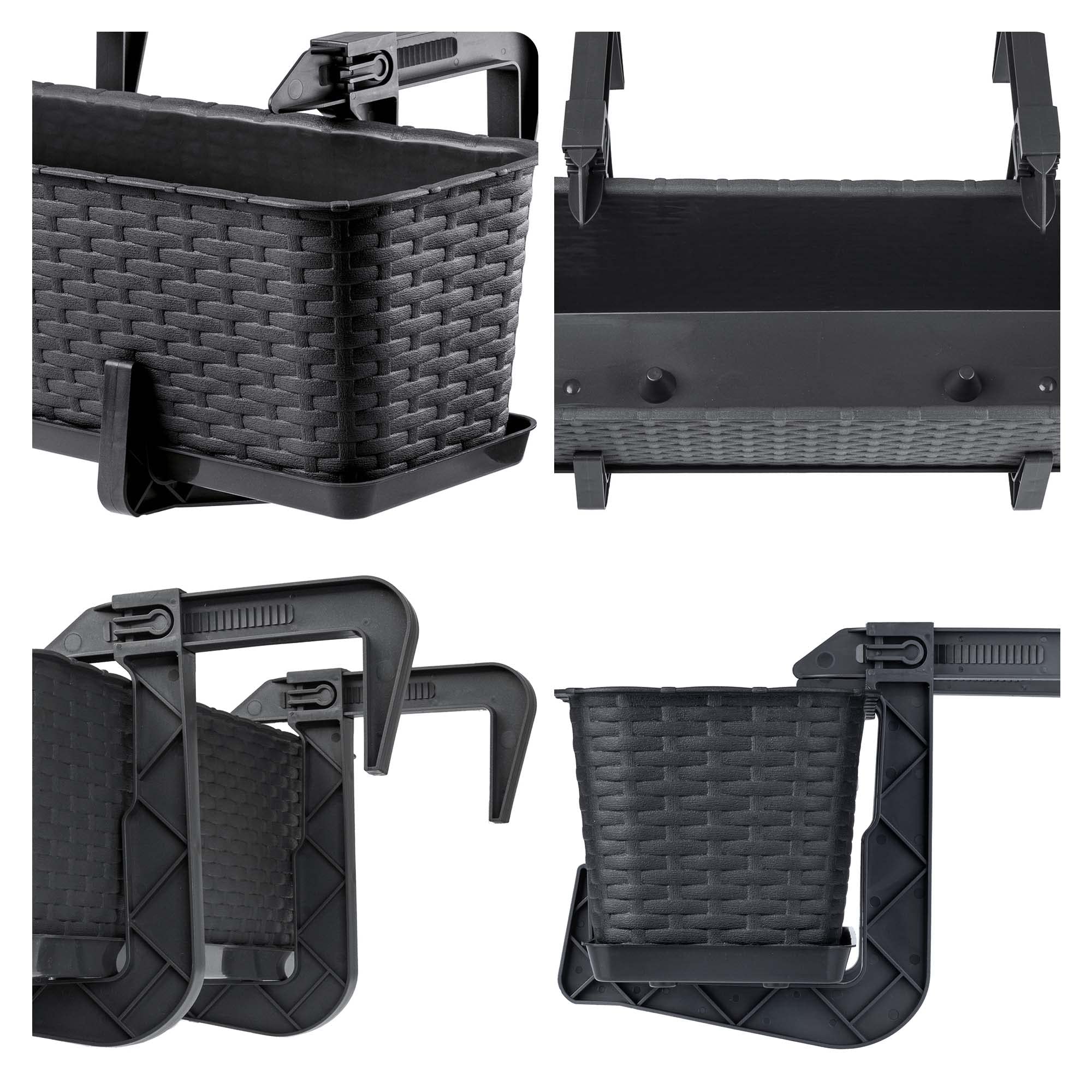 KADAX Macetas de Plástico Imitación Ratán, Maceteros Rectangulares con Platillos y Soportes para Exterior, Jardineras Colgantes (4: Antracita, 60 cm, Aprox. 48L)