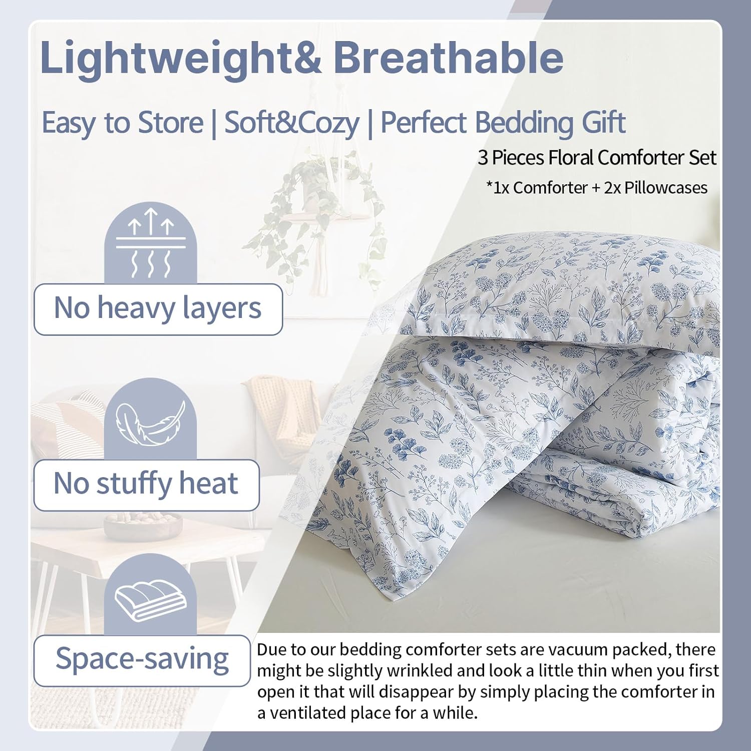 EAVD Blue Floral Comforter Set Twin/Twin XL White Soft Microfiber 3-Pieces Boho Botanical Flower Bedding Comforter Set for Girls with 2 Pillowcases Cute Fresh Botanical Bedding Set for All-Season - Image 4