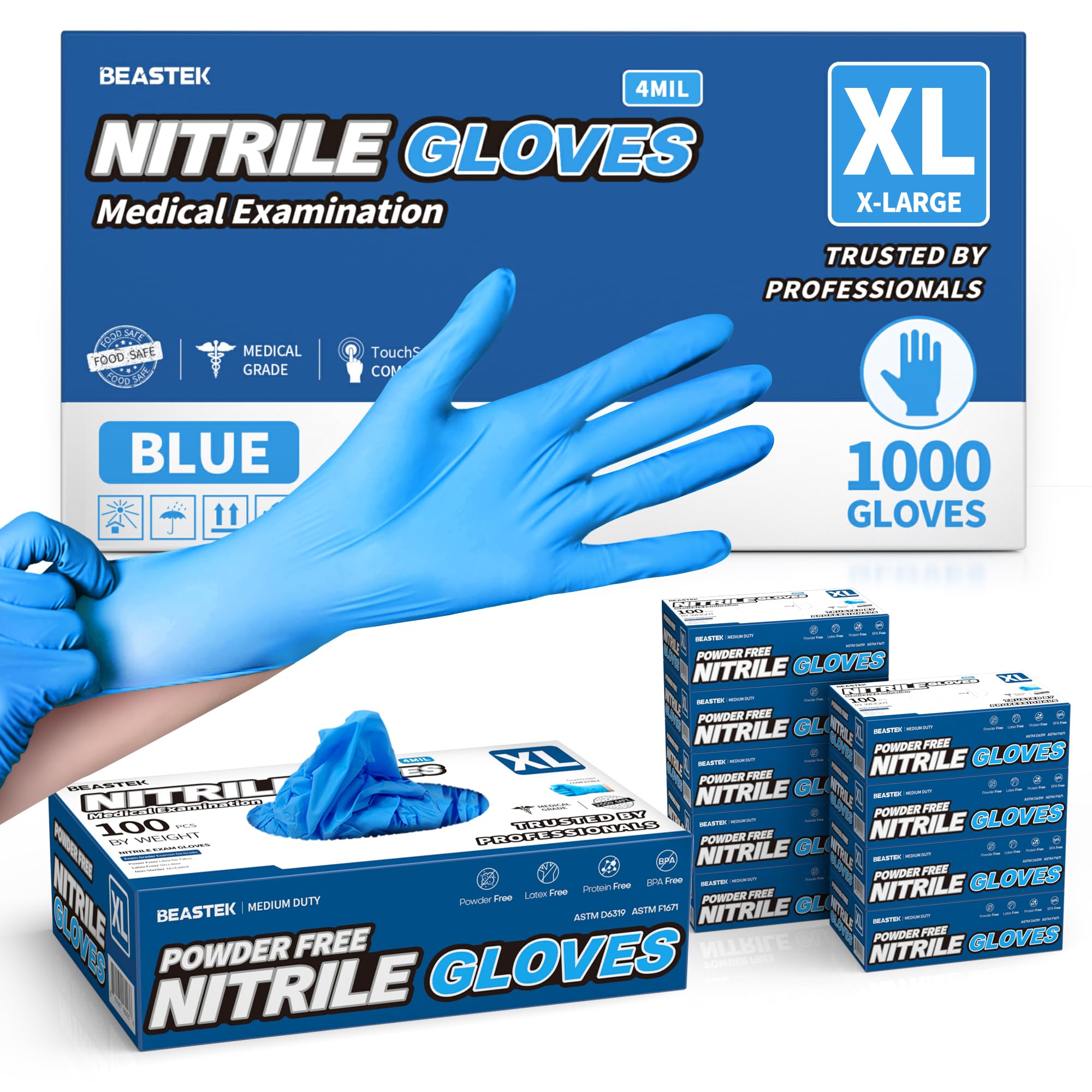 Beastek Medizinische Nitril-Untersuchungshandschuhe, 4,0 mil, puderfrei, latexfrei, unsteril, lebensmittelecht, Einweghandschuhe, blau, Größe XL, 1000 Stück
