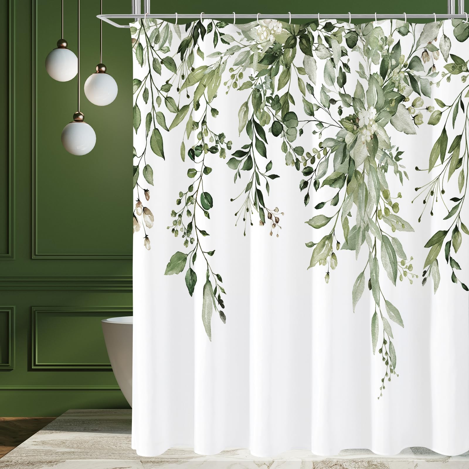 Gibelle Olive Green Eucalyptus Shower Curtain, Watercolor Plant Leaves with Floral Bathroom Shower Curtain Set, 72x72