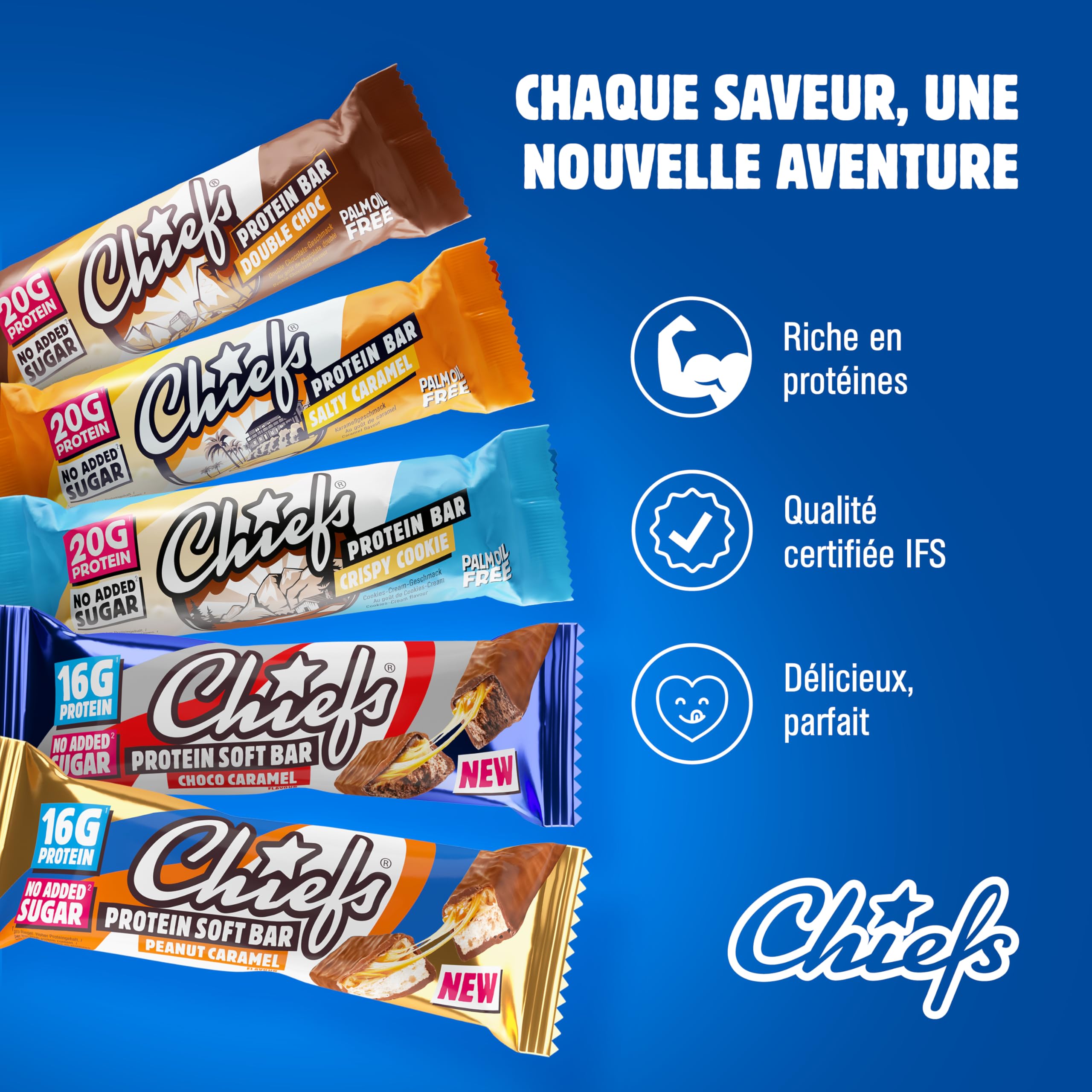 CHIEFS Barre Protéinée Soft - 16g Haute Protéine, Sans Sucre Ajouté, Sans Huile de Palme, Soft Bar Choco Caramel - 15 x 55g